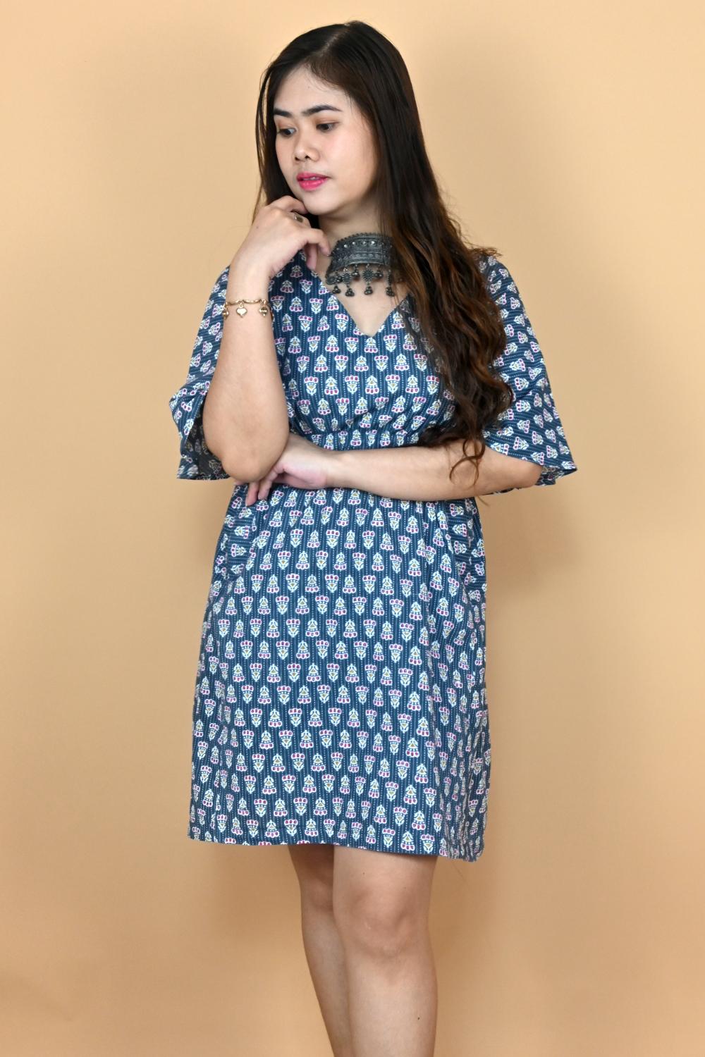 Ember Indigo Kaftan Dress Haafizah Buti Print Cotton Poplin Kaftan M