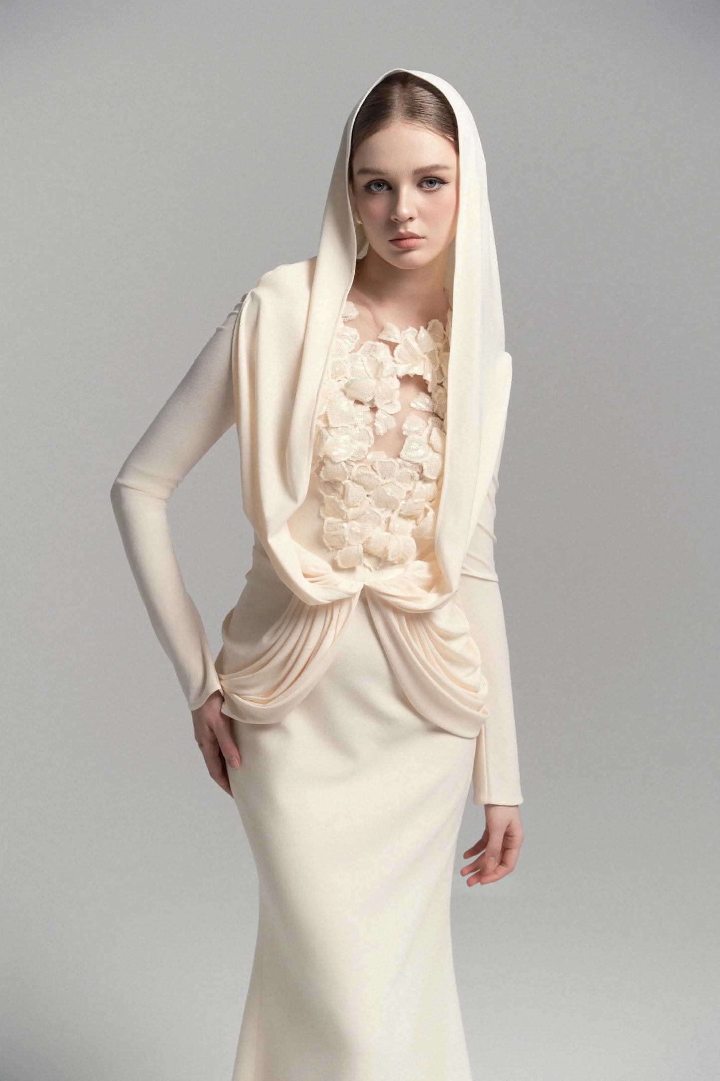 Mystique Hooded Lace Evening Gown