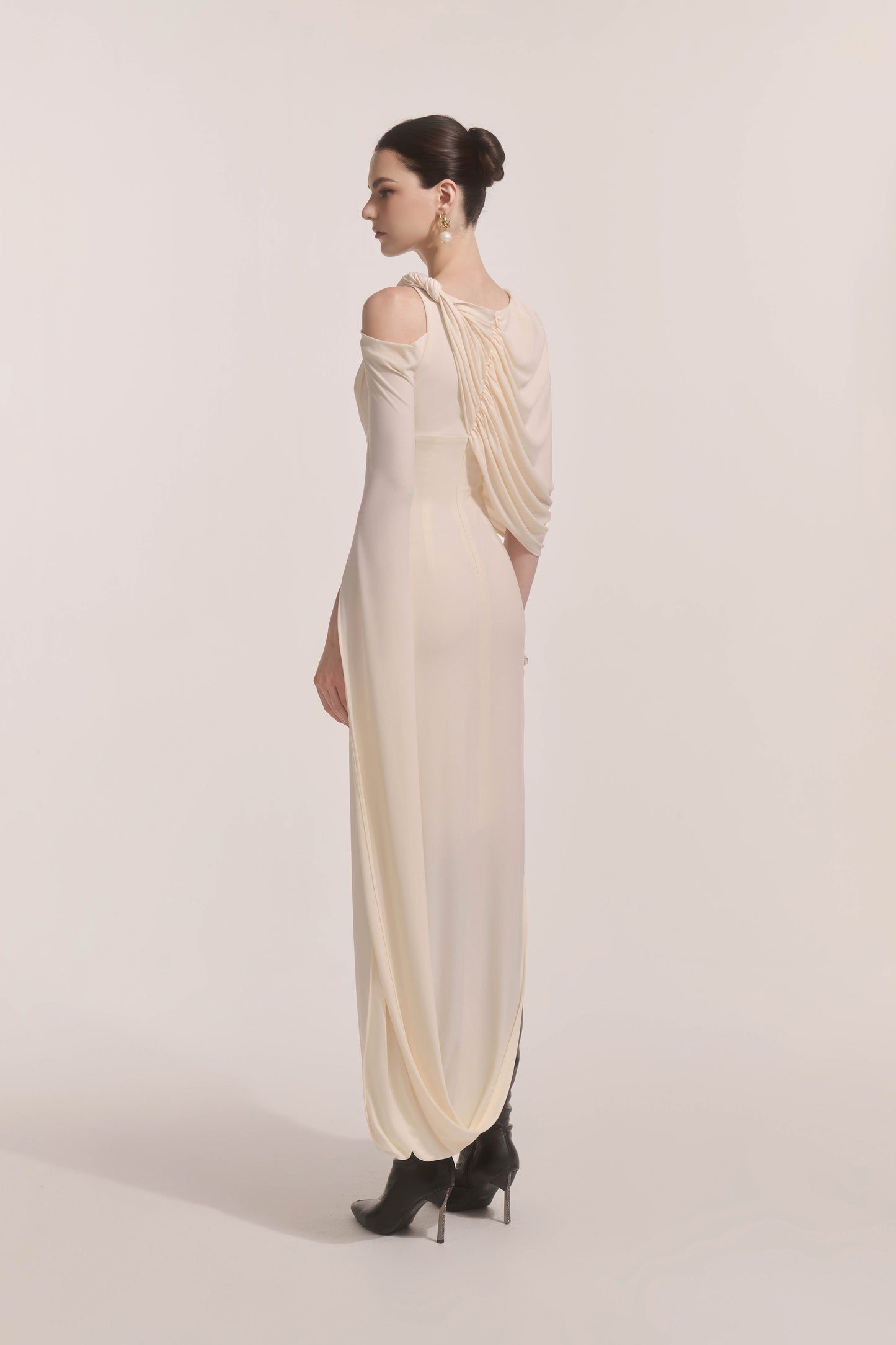 Orion Draped Shoulder Dress in Cream