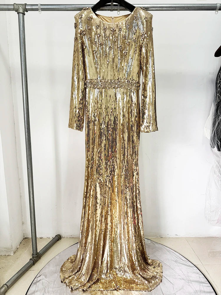 Laleh Gold Sequin Evening Dress