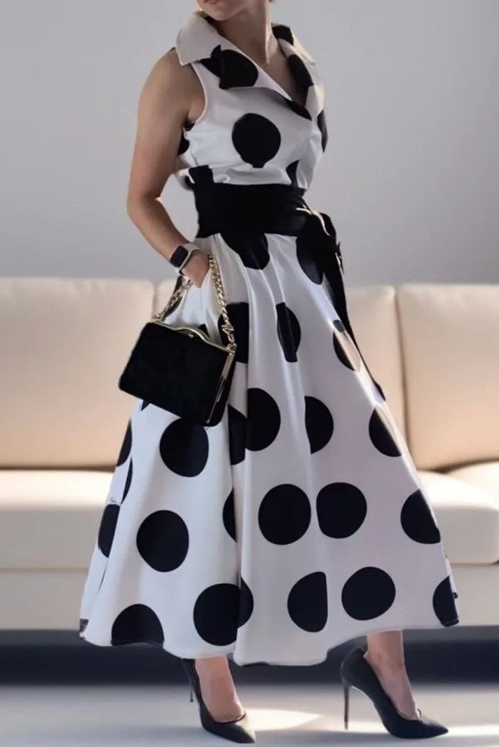 Uoozee-Official A-Line Sleeveless Polka-Dot Split-Joint Tied Waist Lapel Maxi Dresses Shirt Dress White / XL