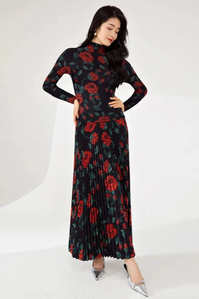 belladonna maxi dress Women's 2 Piece Roses Long Pleated Skirt Outfit