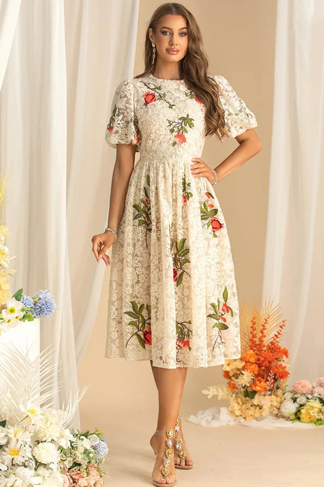 green emerald velvet dress Mabel Dress with Floral Embroidered Puff Sleeve Light Yellow / L