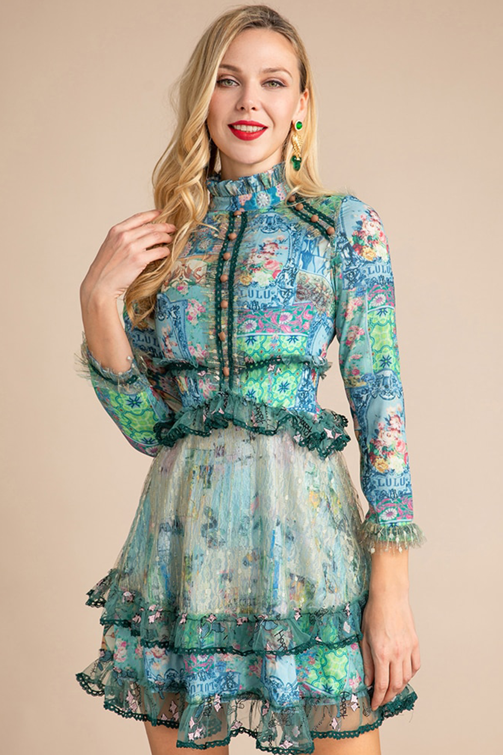 Aqua Mini Dress Printed Vintage Ruffle XL Aqua Mini Dress Printed Vintage Ruffle XL