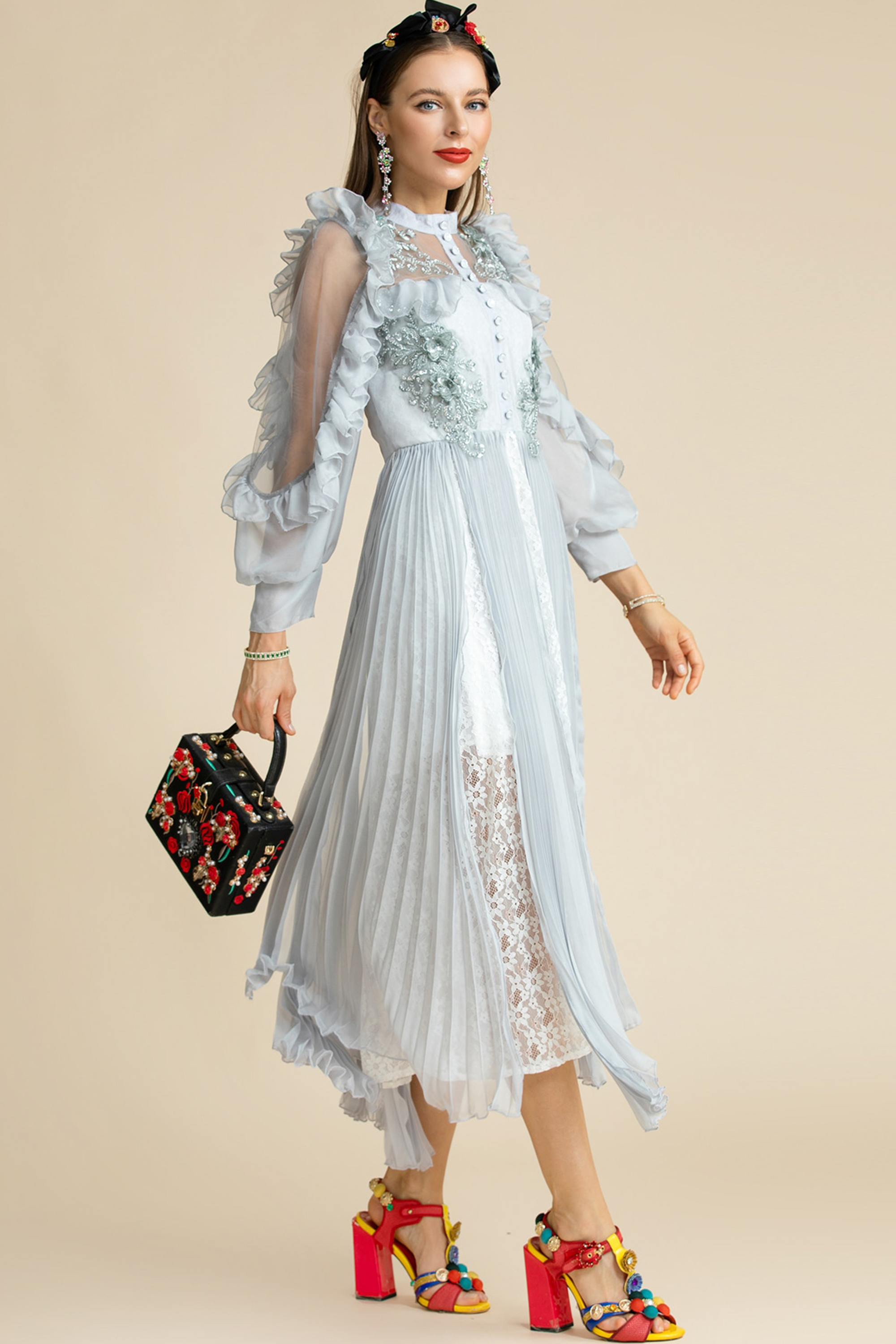 Jeannie Dress with Lace Patchwork and Applique Flowers Bauble Buy Jeannie Dress with Lace Patchwork and Applique Flowers Bauble Buy