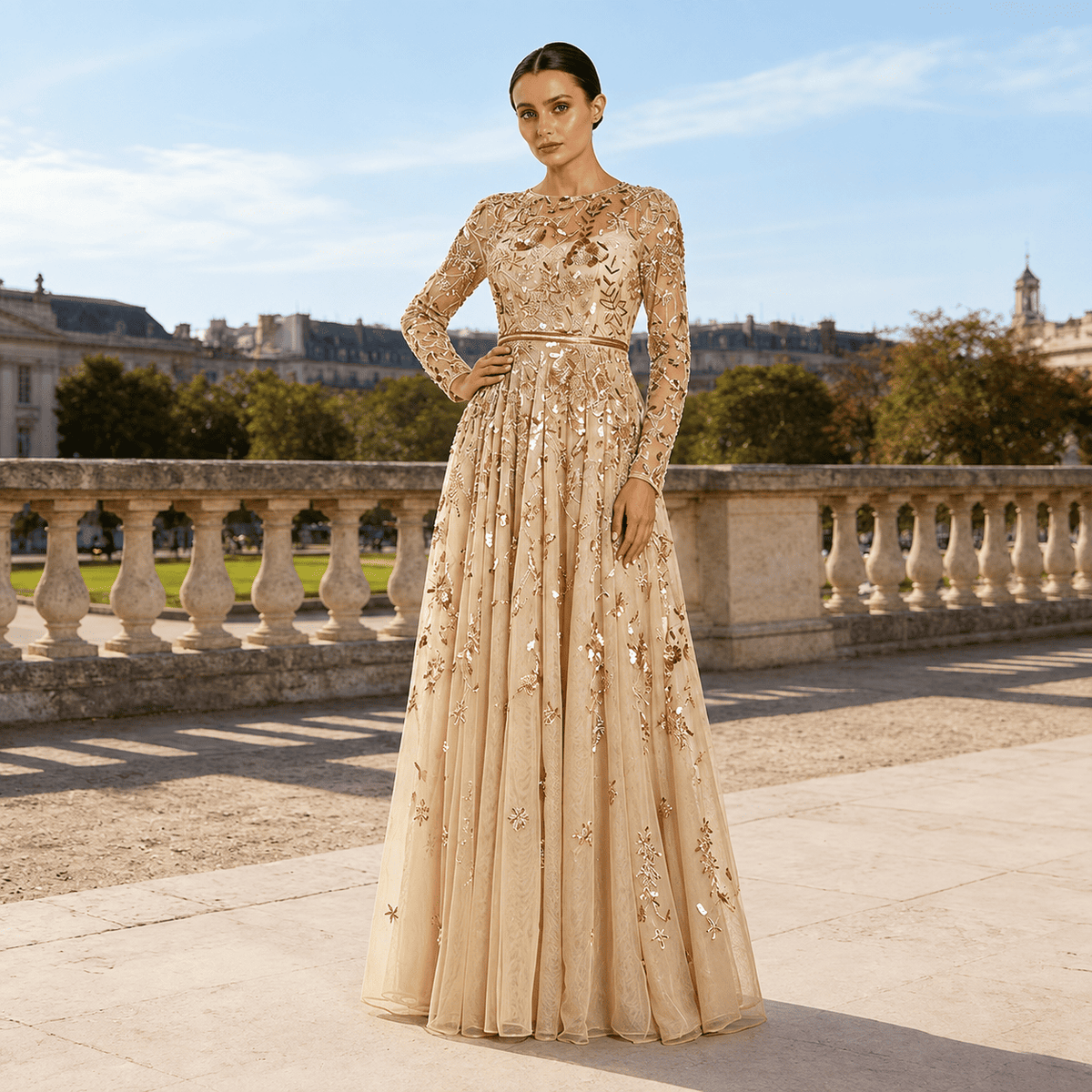 Margaux Floral Tulle Gown in champagne gold, maxi A-line dress with sheer long sleeves and sequin florals