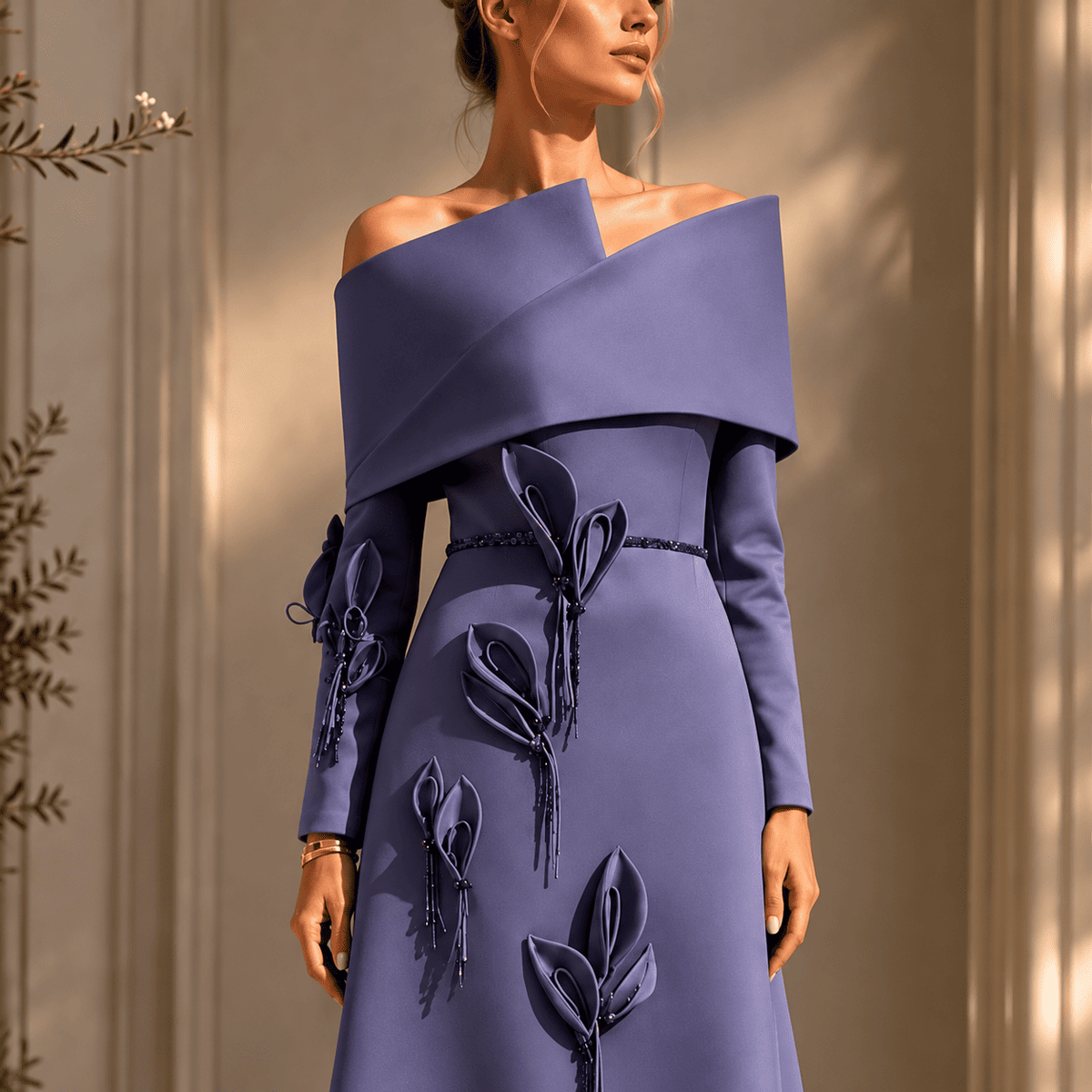 Detail of 3D floral appliques and beading on the dusty purple Vibia off-shoulder dress