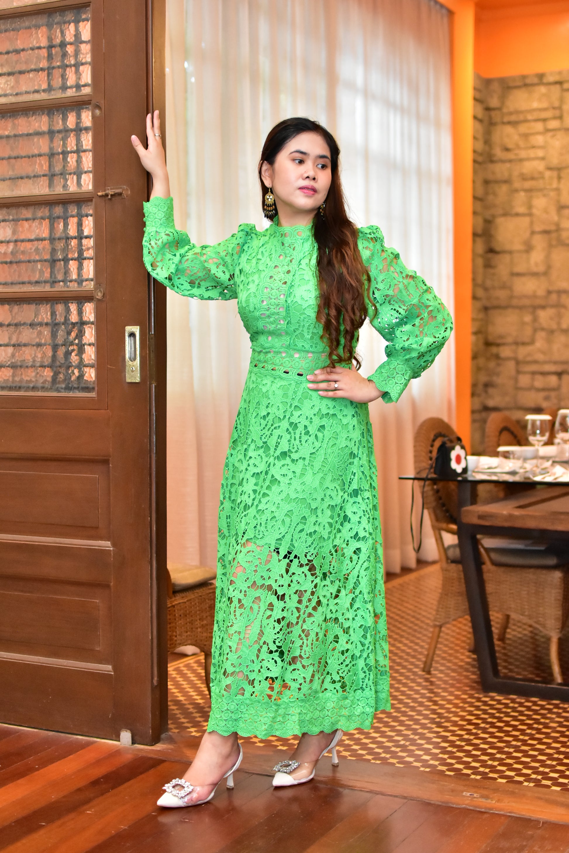 Easter Dresses Casual Solid Embroidered Hollowed Out See-through Half A Turtleneck Long Sleeve Dresses(Green/L) Easter Dresses Casual Solid Embroidered Hollowed Out See-through Half A Turtleneck Long Sleeve Dresses(Green/L)