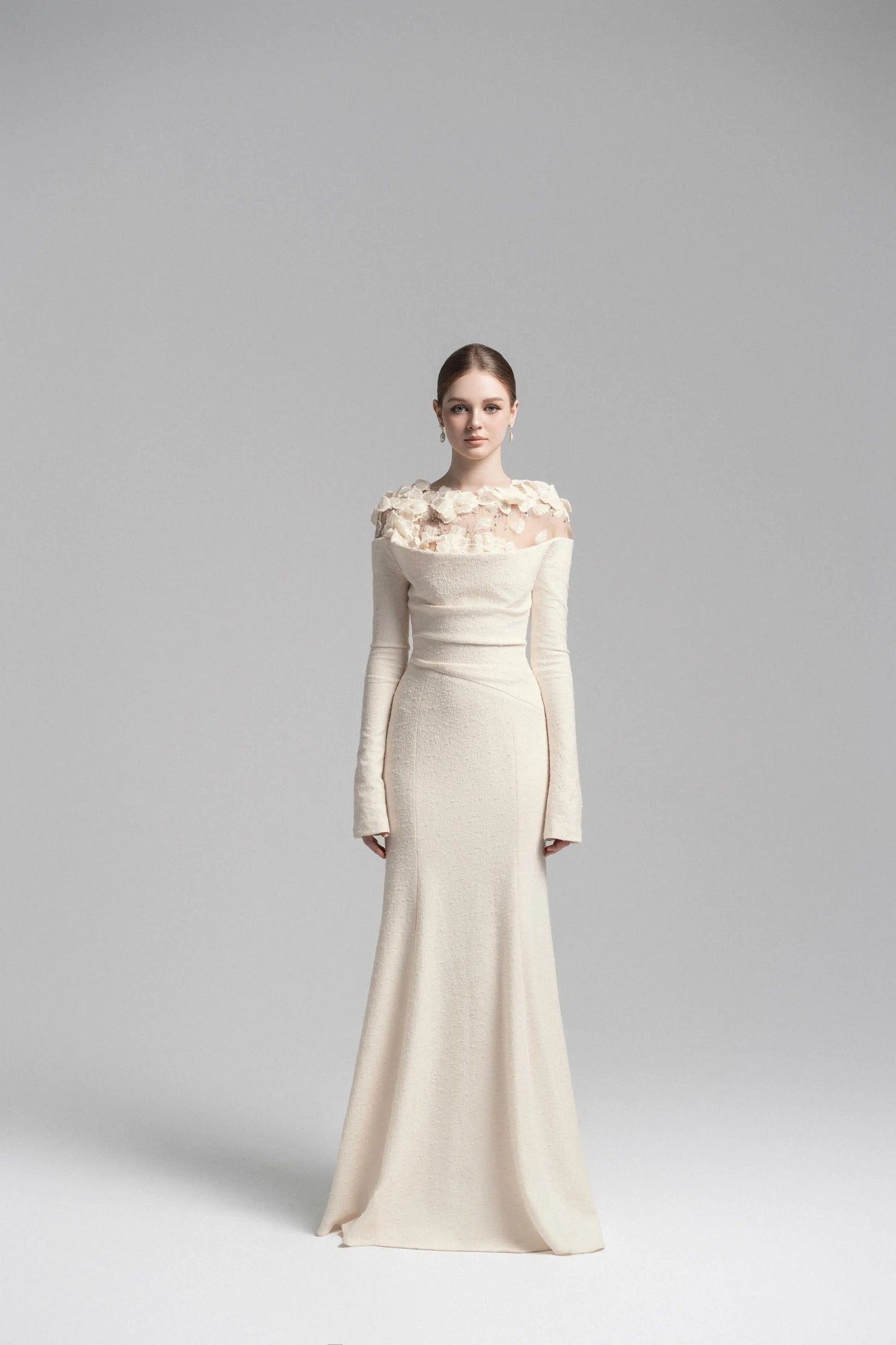 Celestia Draped Crystal Midi Dress in Cream