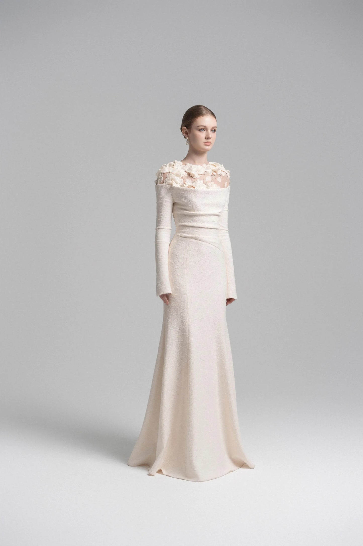 Celestia Draped Crystal Midi Dress in Cream