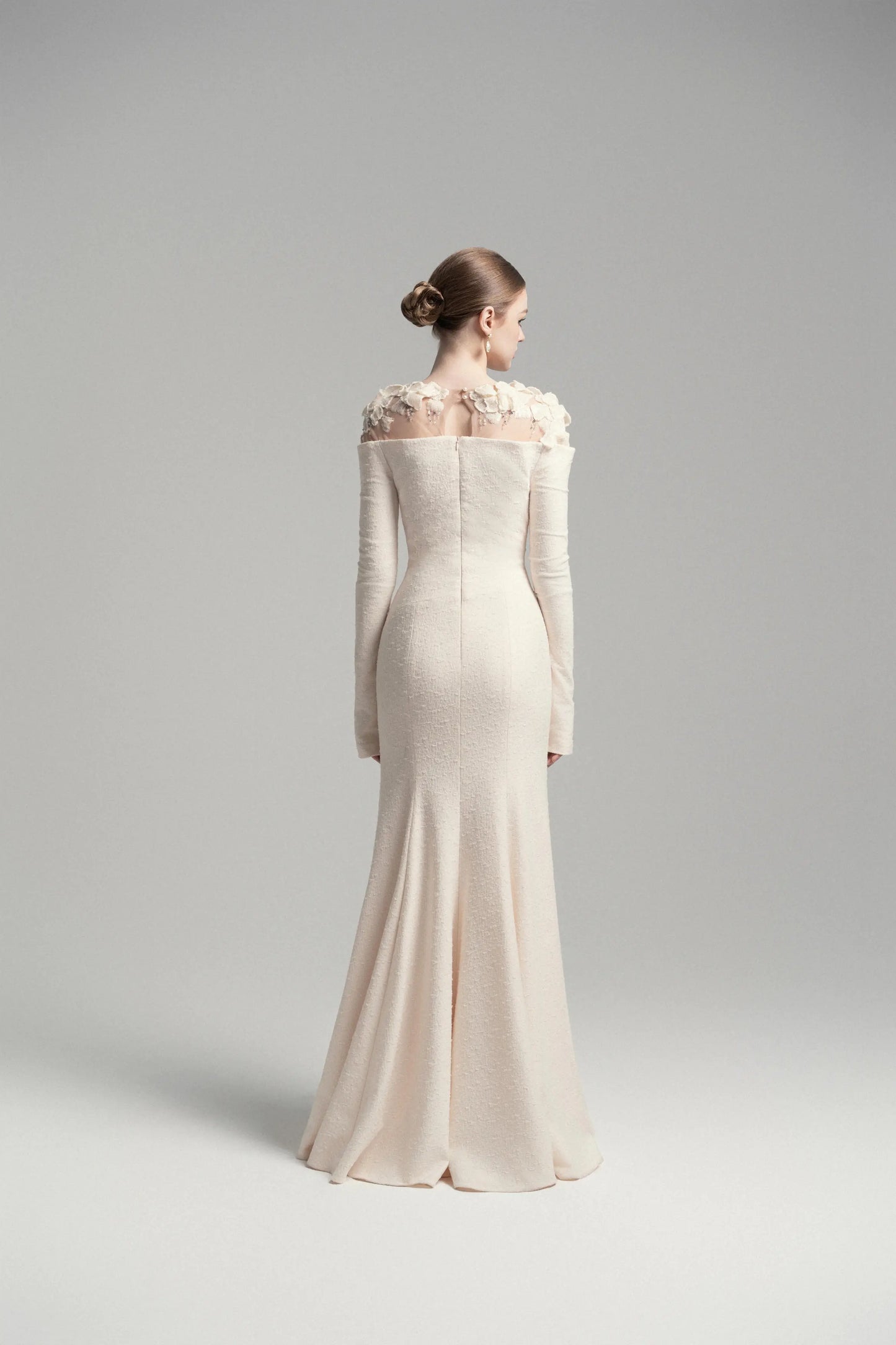 Celestia Draped Crystal Midi Dress in Cream