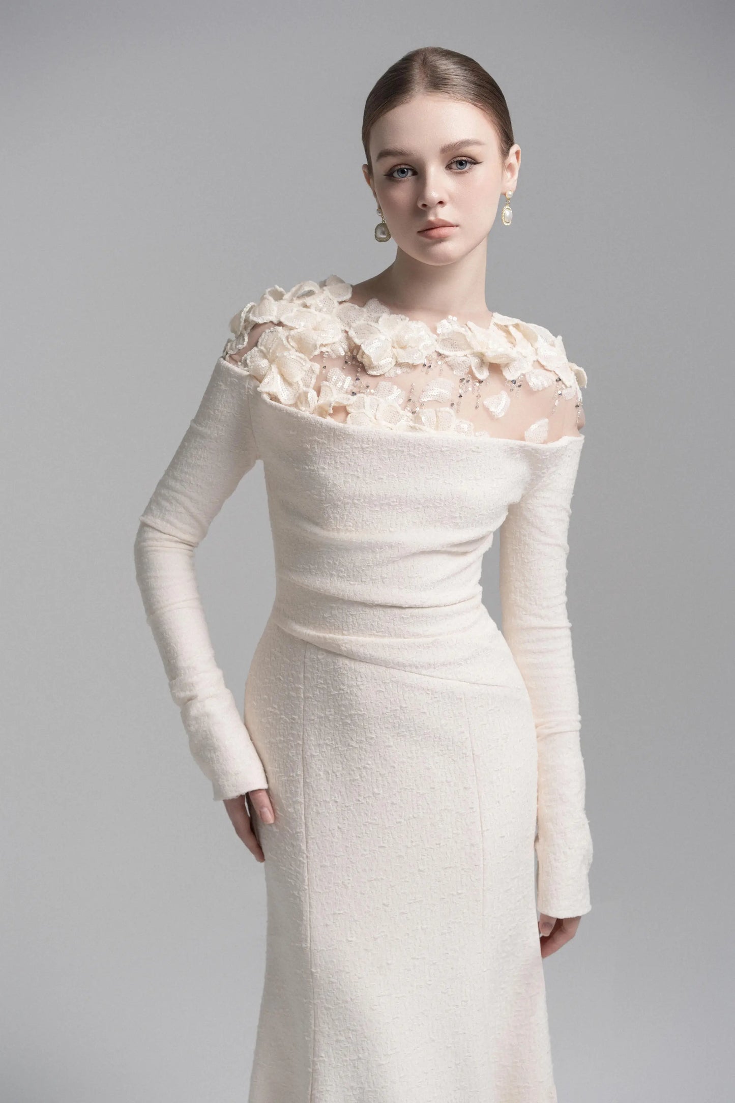 Celestia Draped Crystal Midi Dress in Cream