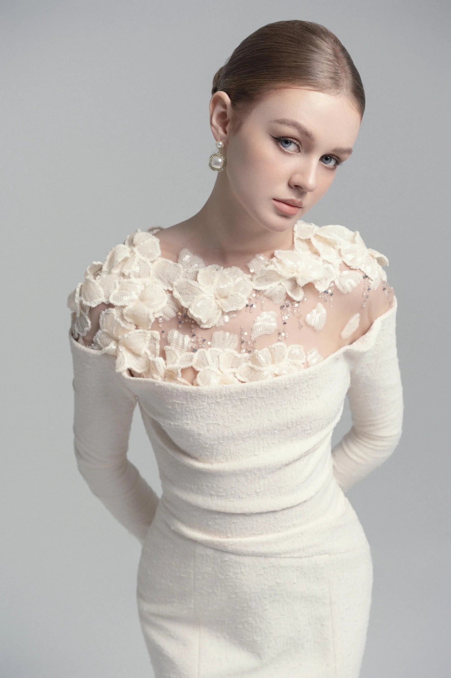 Celestia Draped Crystal Midi Dress in Cream