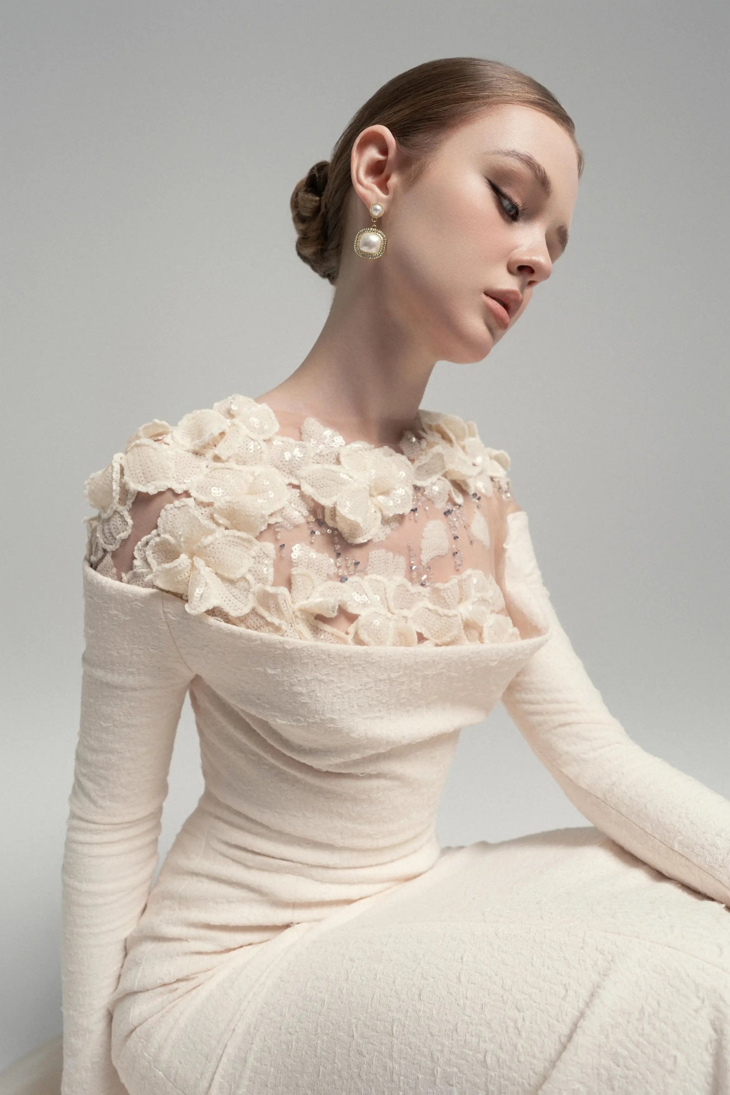 Celestia Draped Crystal Midi Dress in Cream