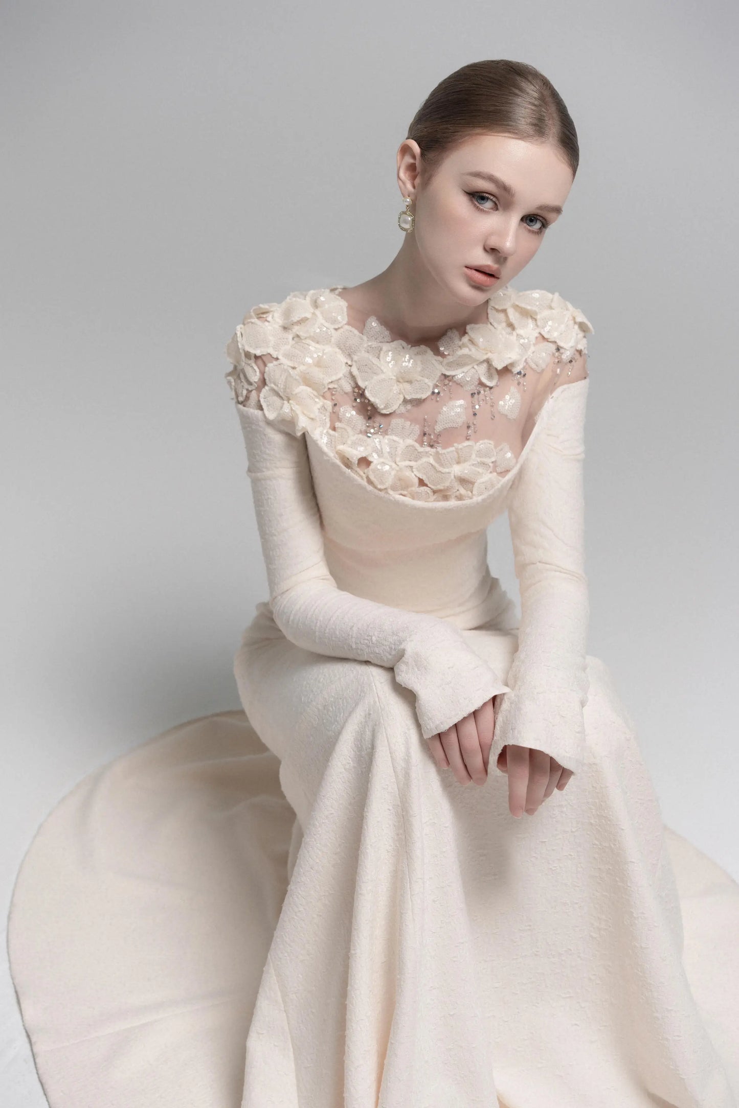 Celestia Draped Crystal Midi Dress in Cream