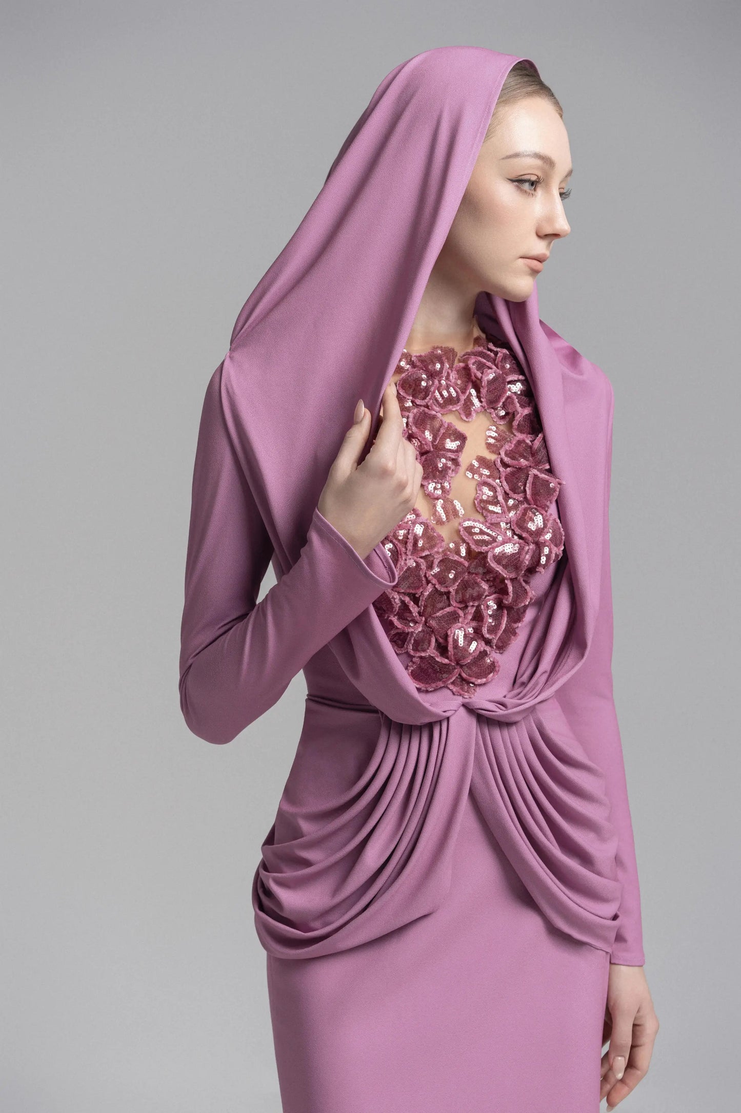 Ethereal Hooded Lace Evening Gown