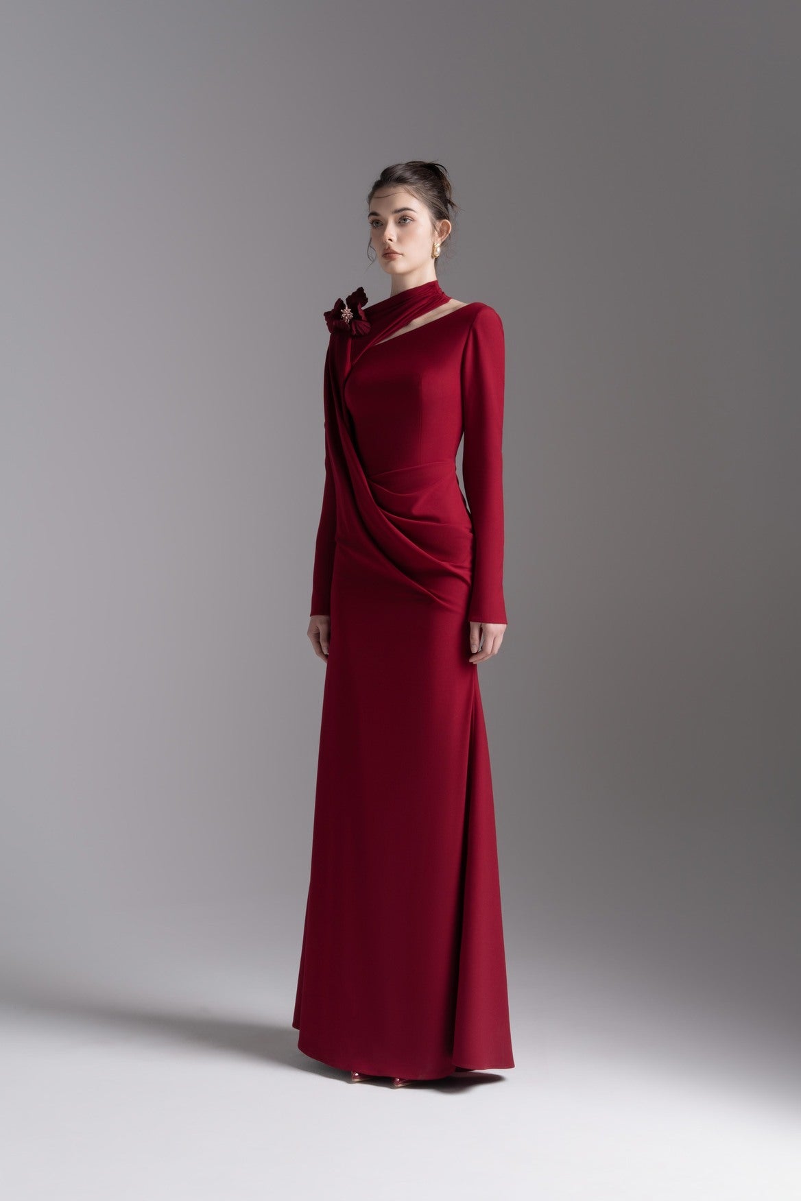 Bloom Asymmetry Dress in Dark Ruby