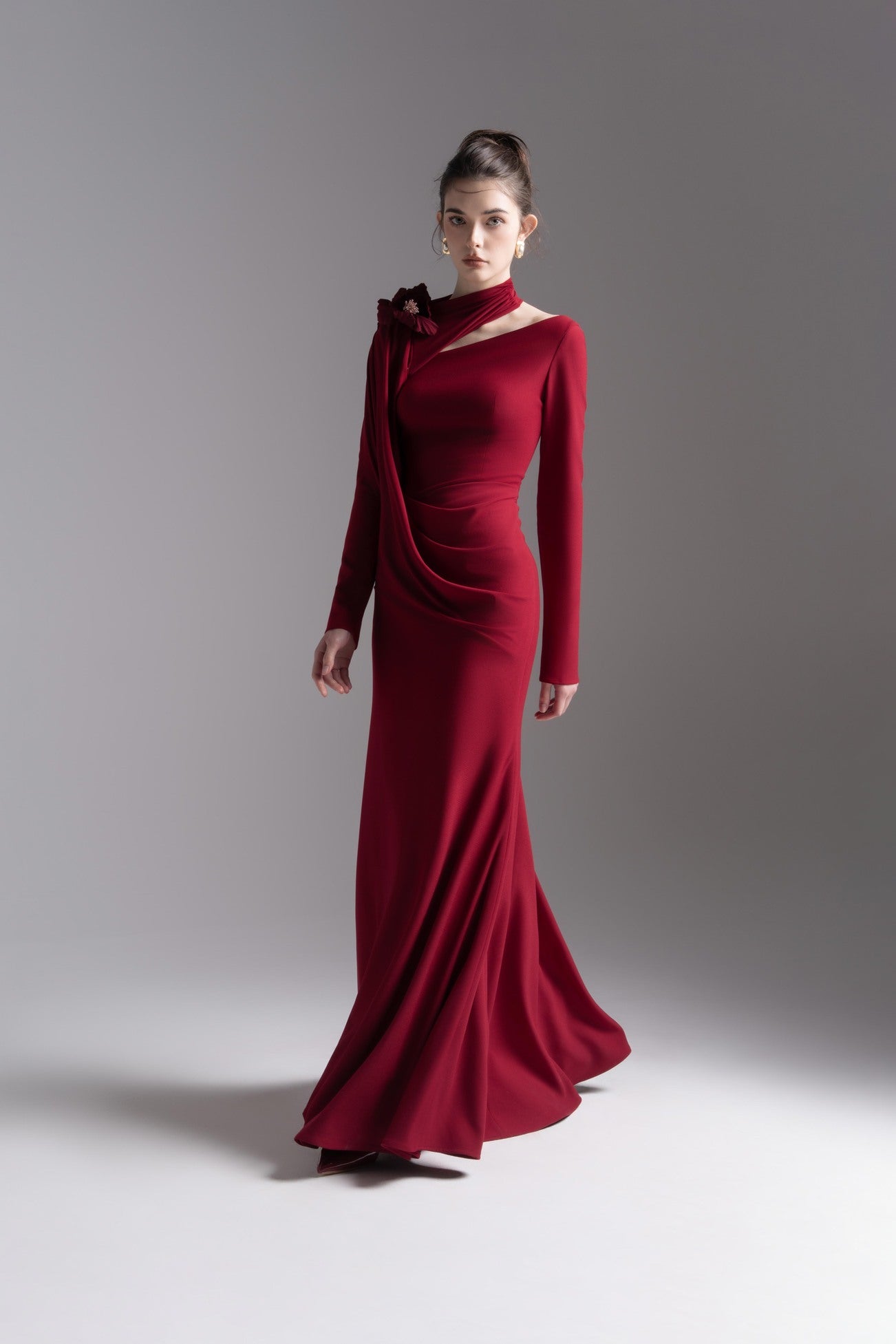 Bloom Asymmetry Dress in Dark Ruby