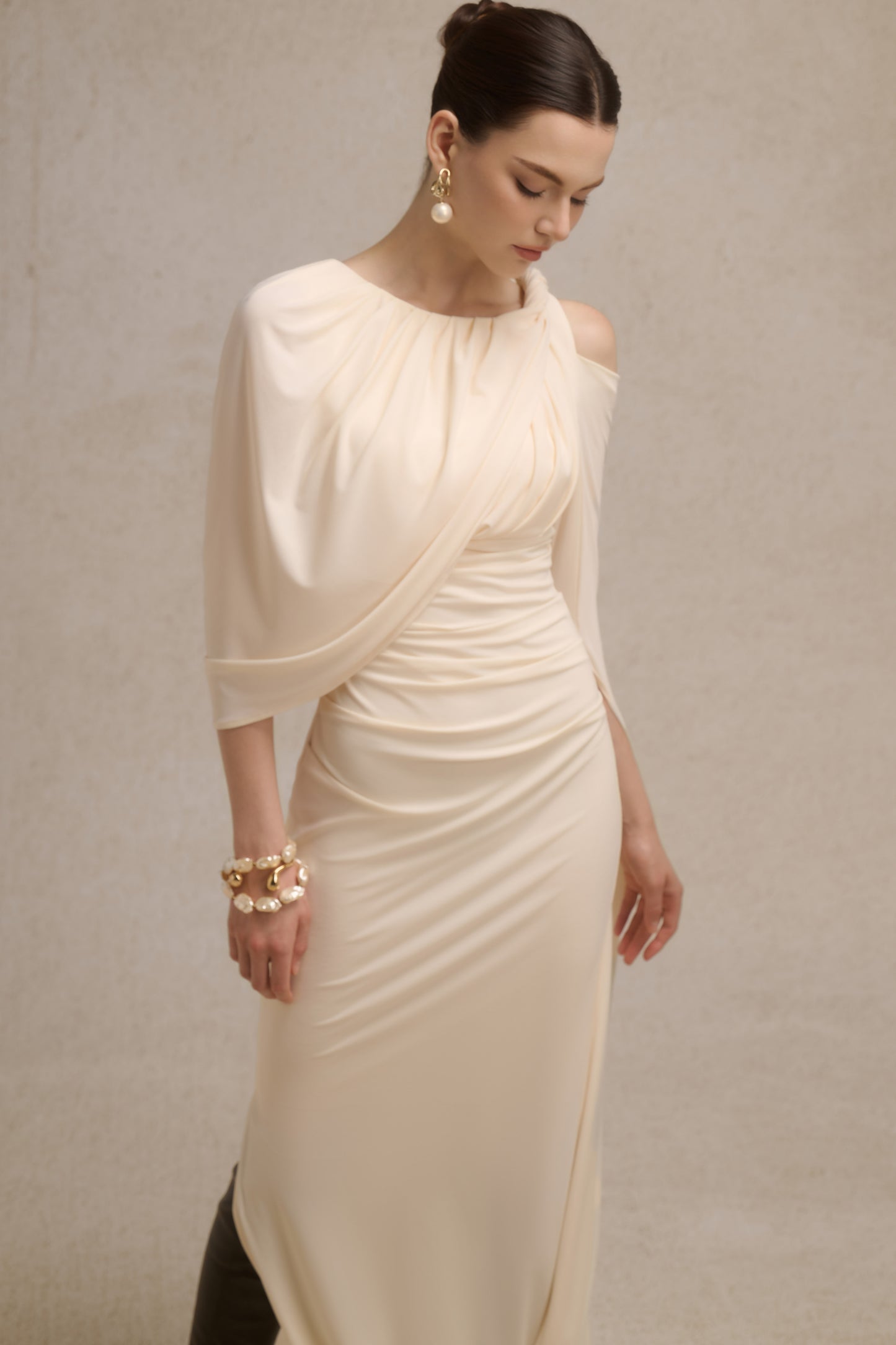 Orion Draped Shoulder Dress in Cream