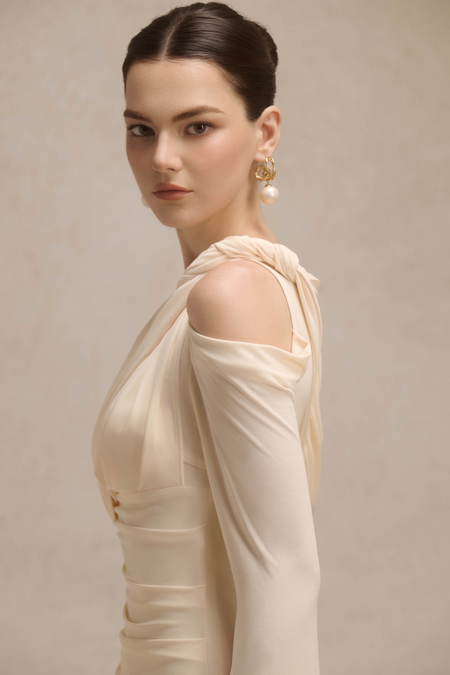 Orion Draped Shoulder Dress in Cream