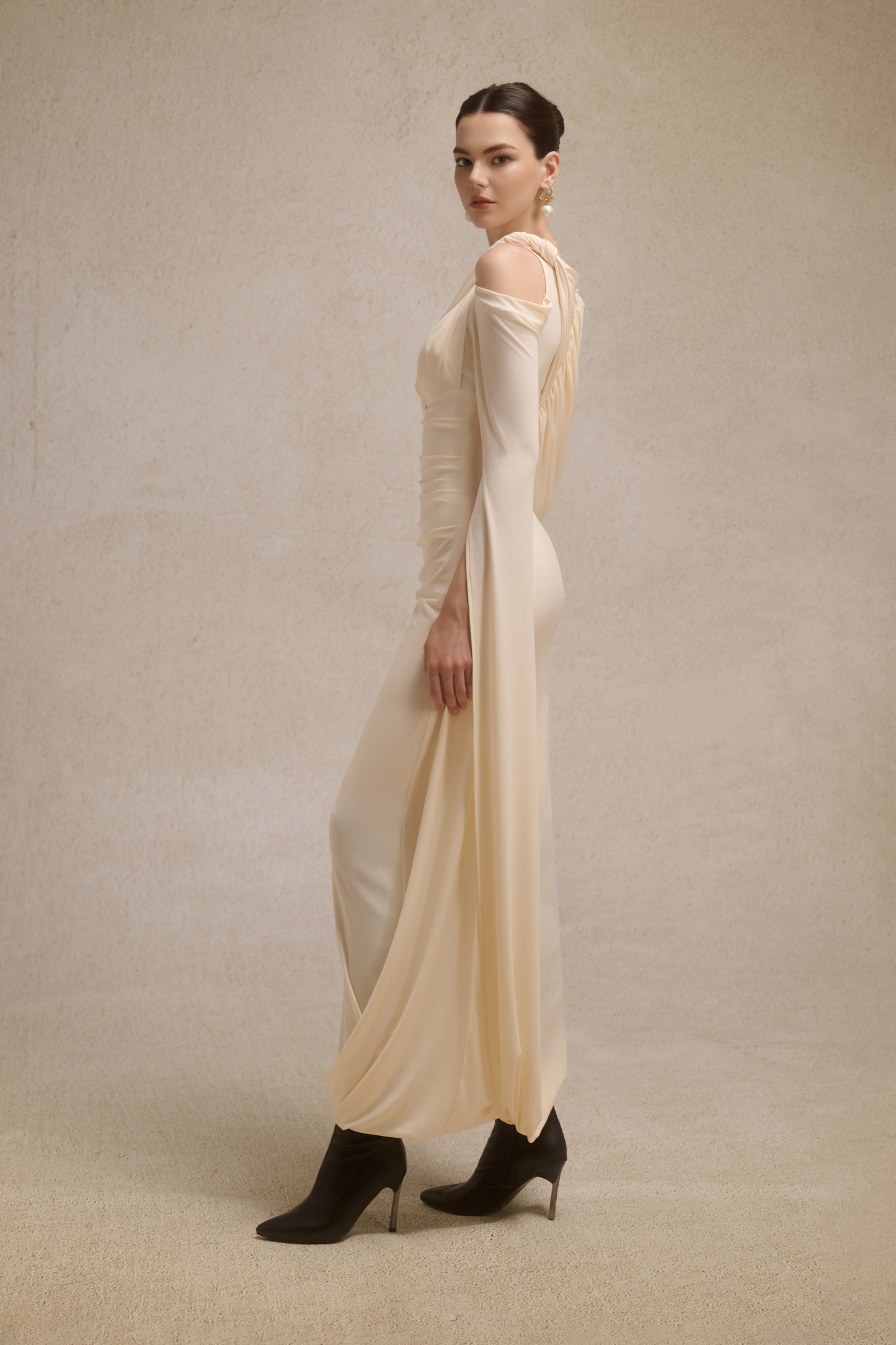 Orion Draped Shoulder Dress in Cream