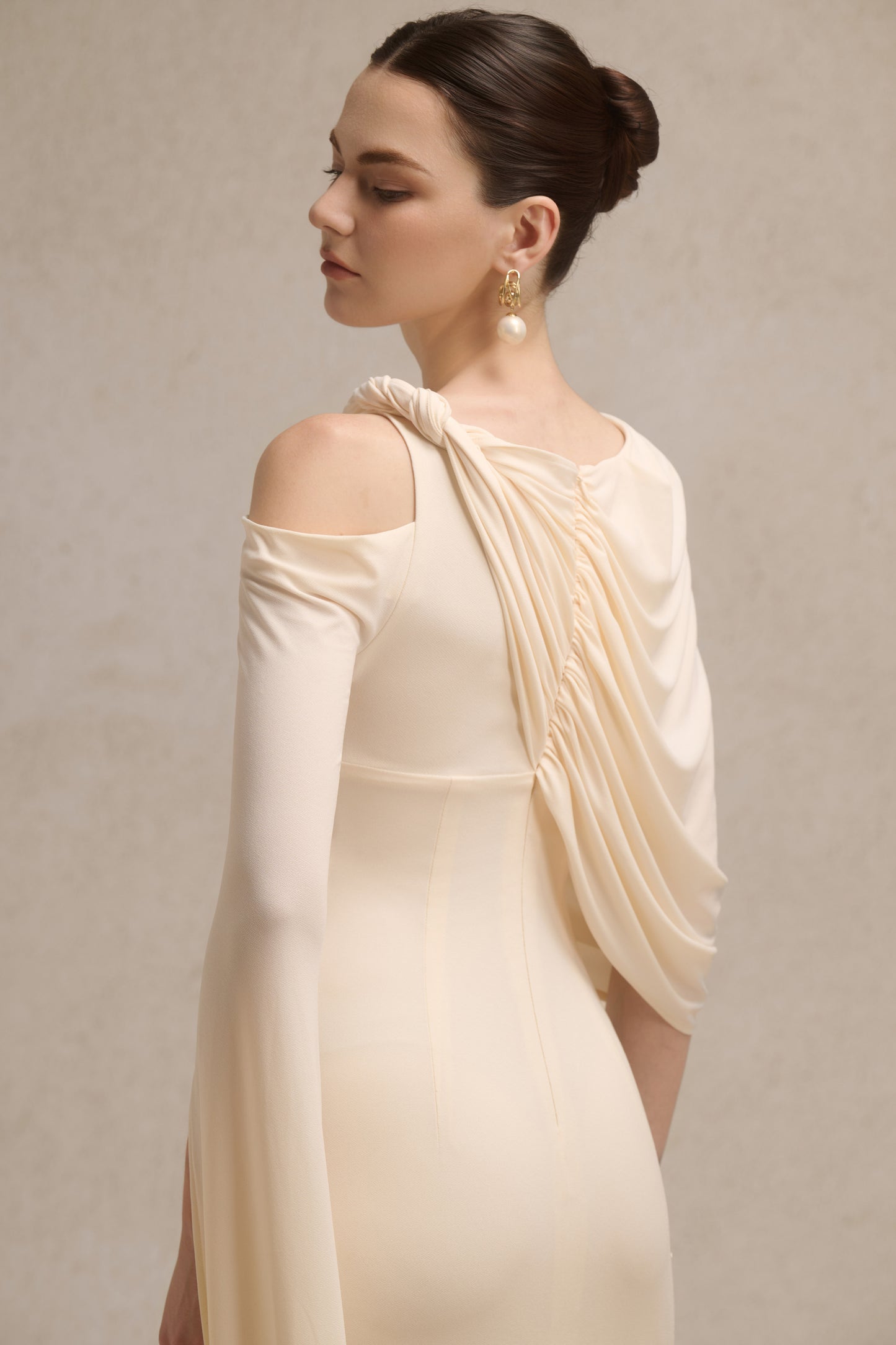Orion Draped Shoulder Dress in Cream