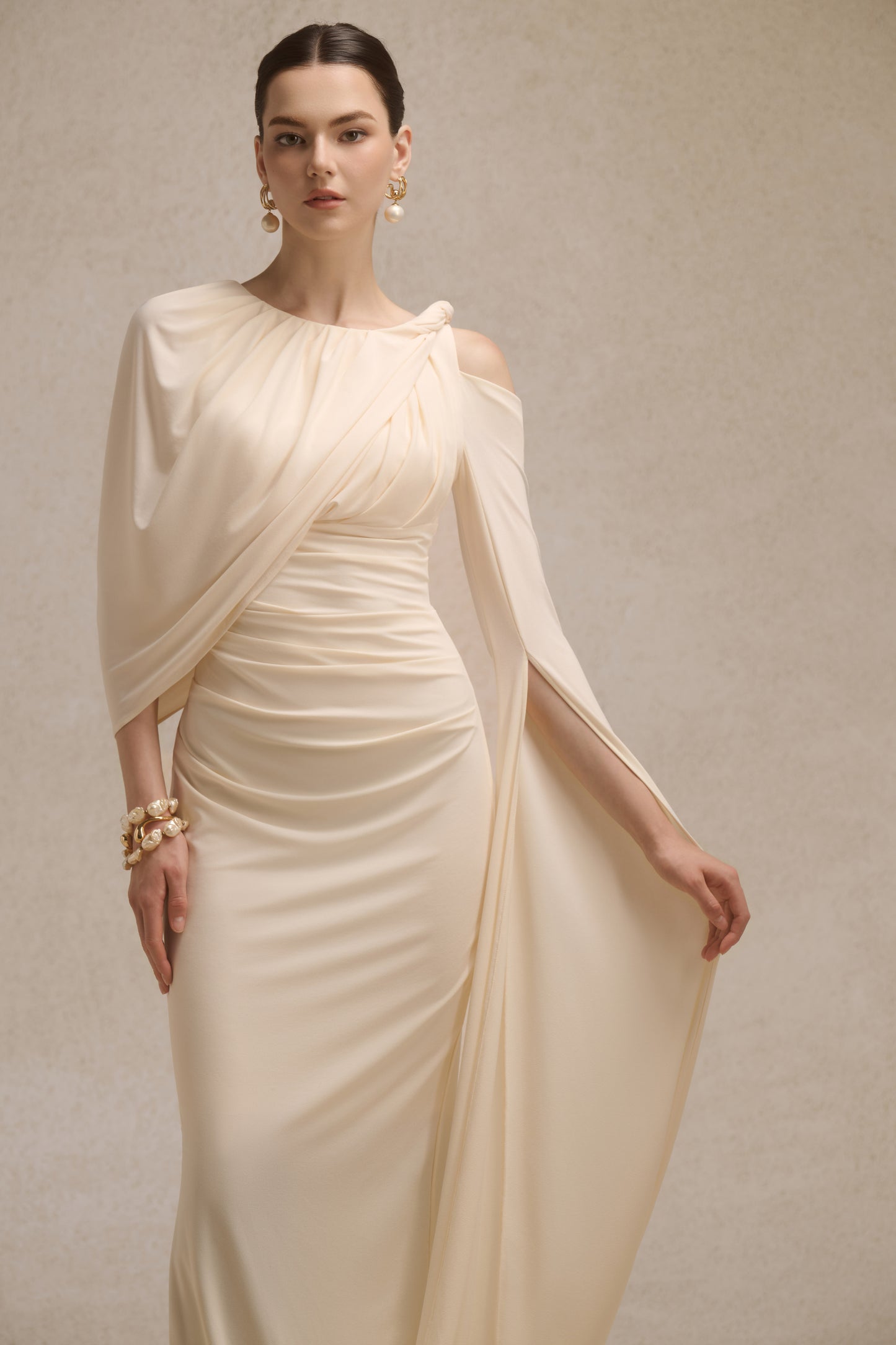 Orion Draped Shoulder Dress in Cream