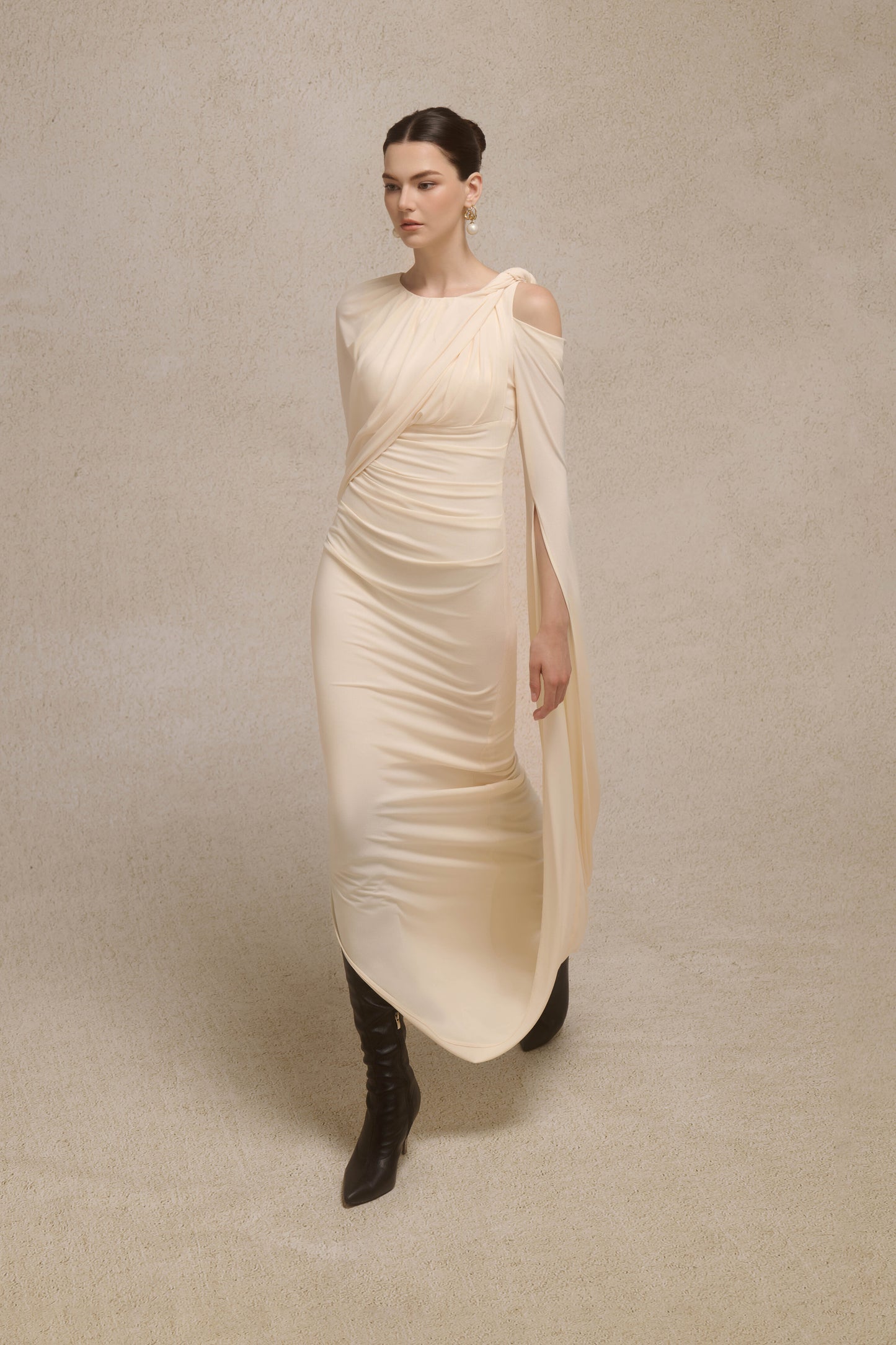Orion Draped Shoulder Dress in Cream