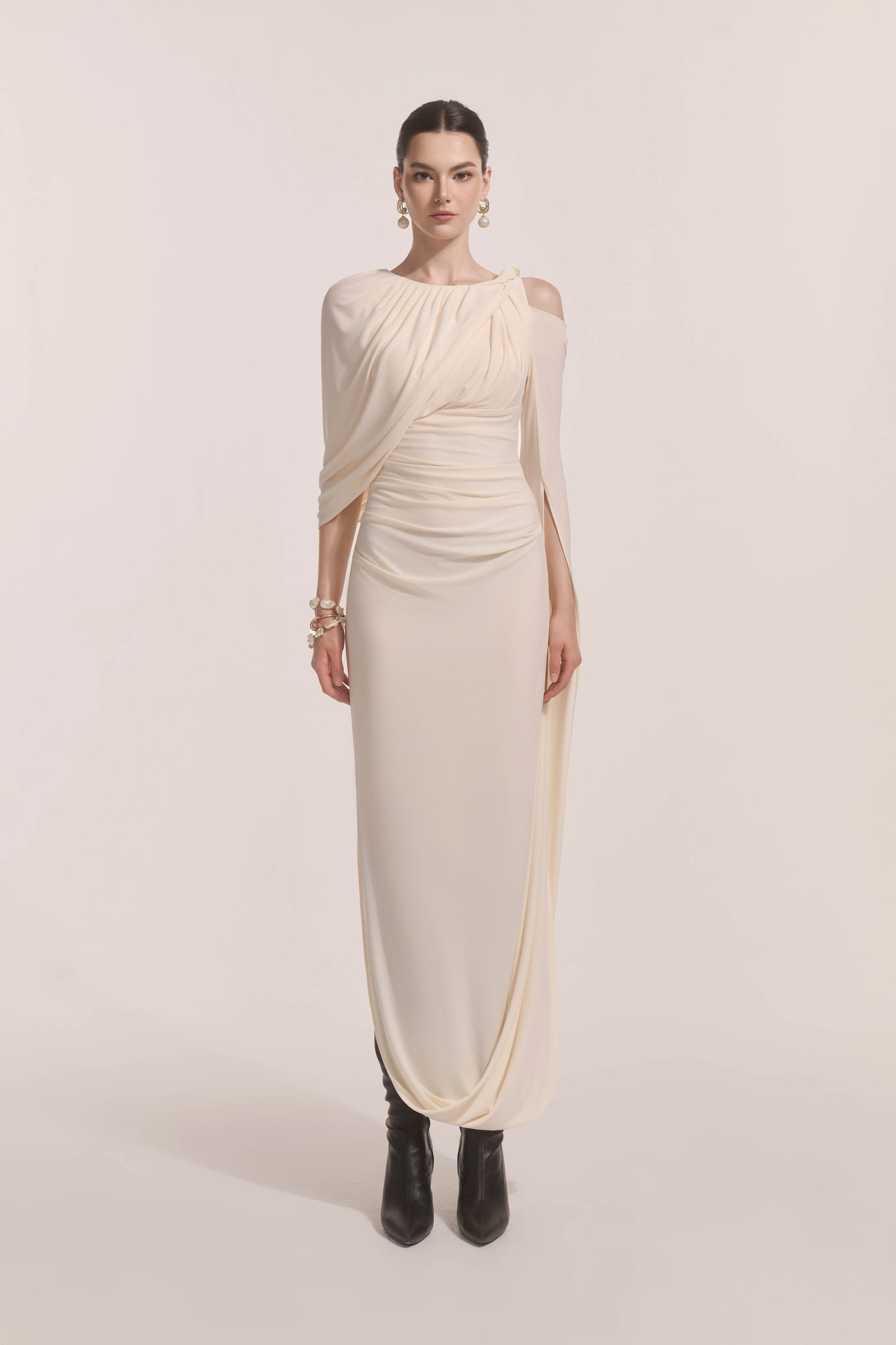 Orion Draped Shoulder Dress in Cream