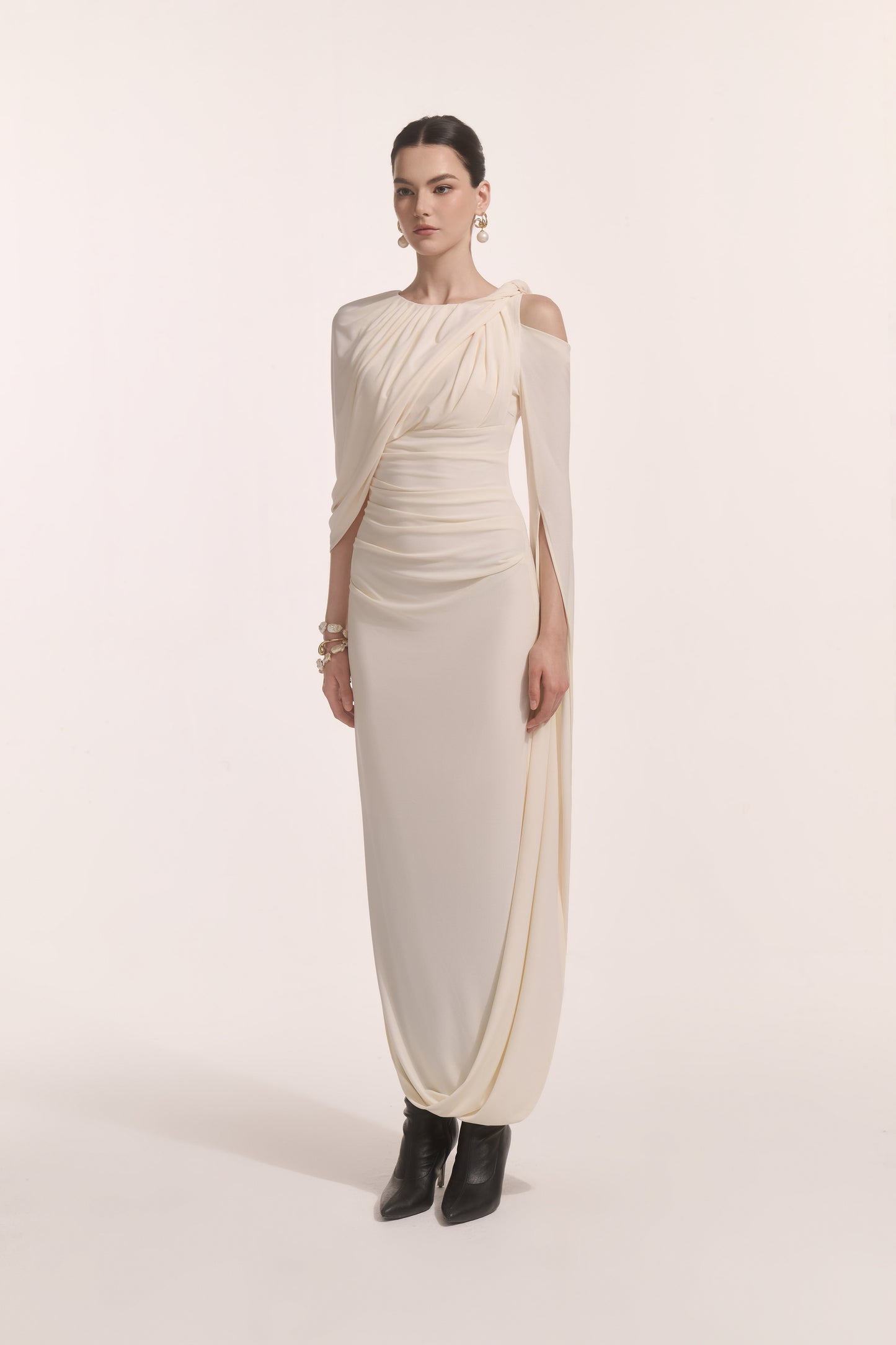 Orion Draped Shoulder Dress in Cream