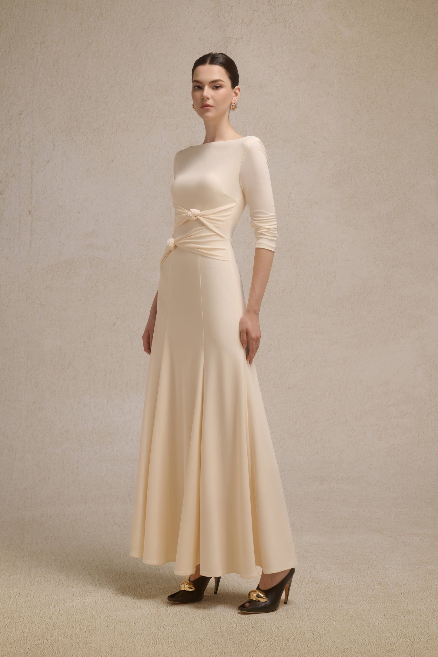 Alba Asymmetric Knot Dress in Cream