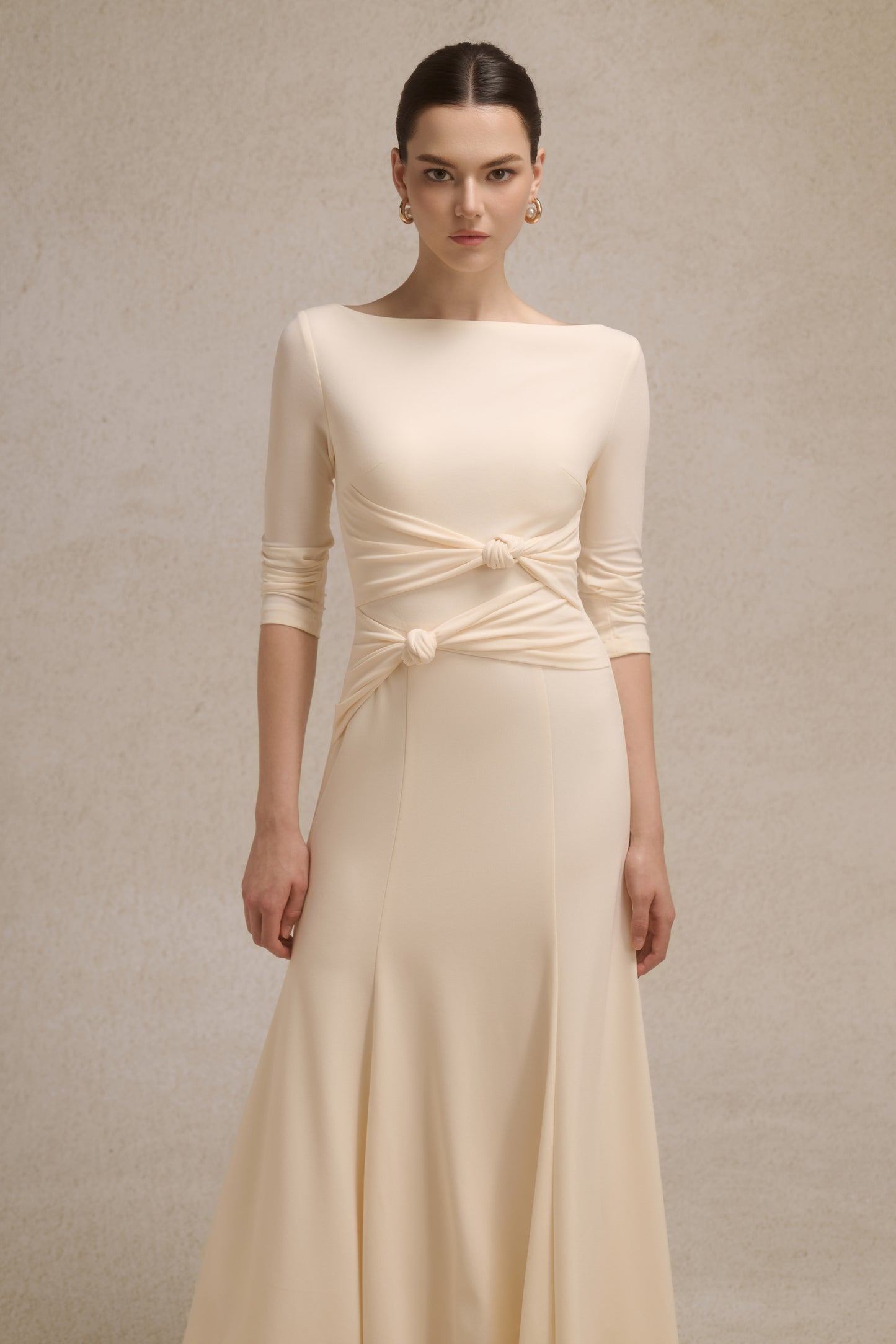 Alba Asymmetric Knot Dress in Cream