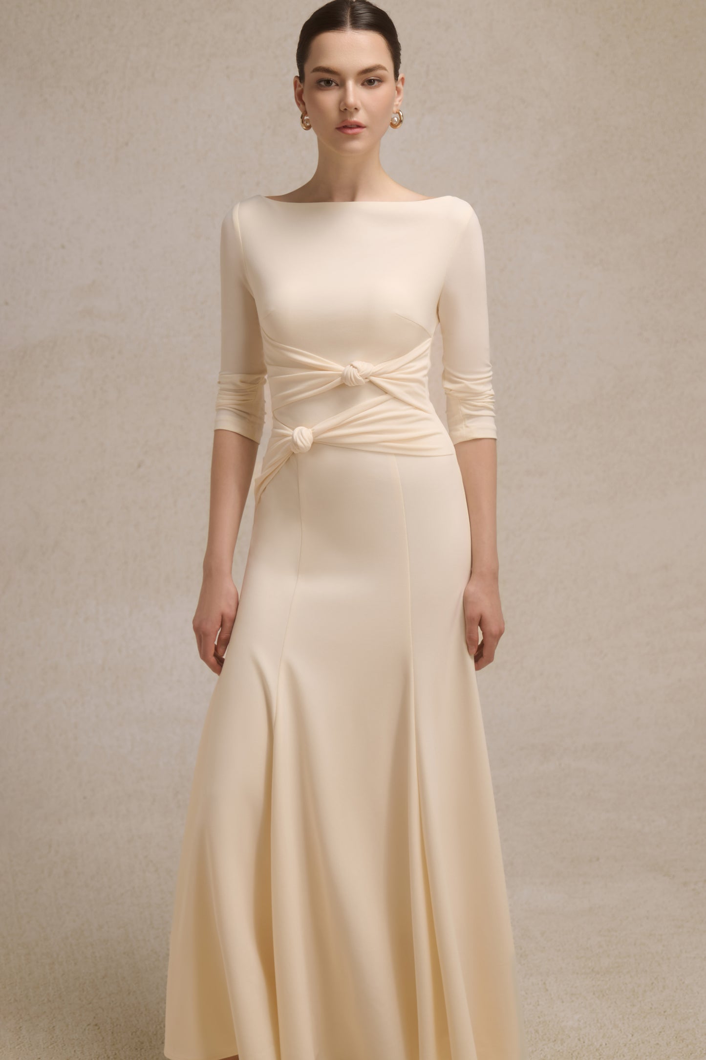 Alba Asymmetric Knot Dress in Cream