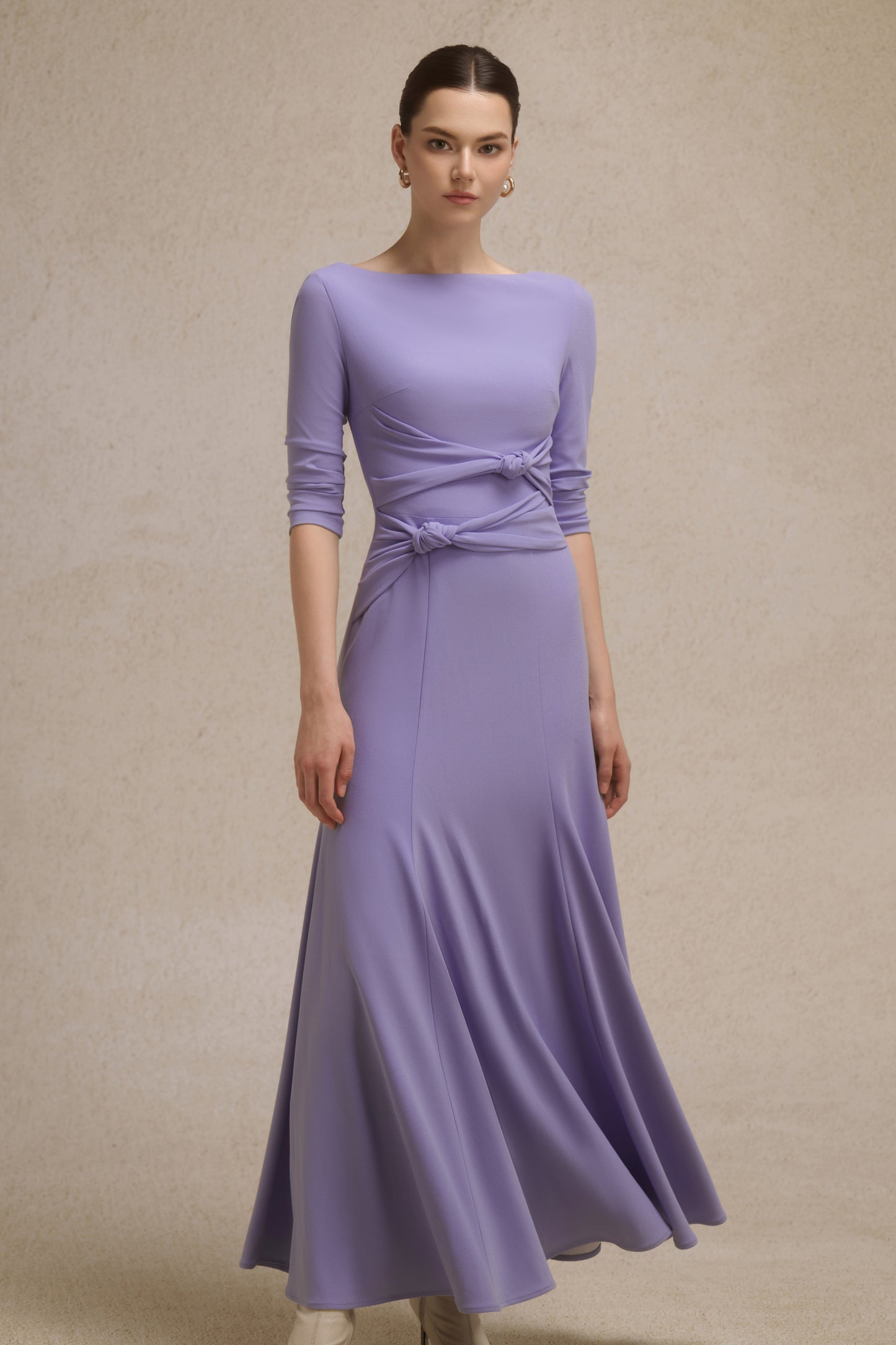 Alba Asymmetric Knot Dress in Lavender