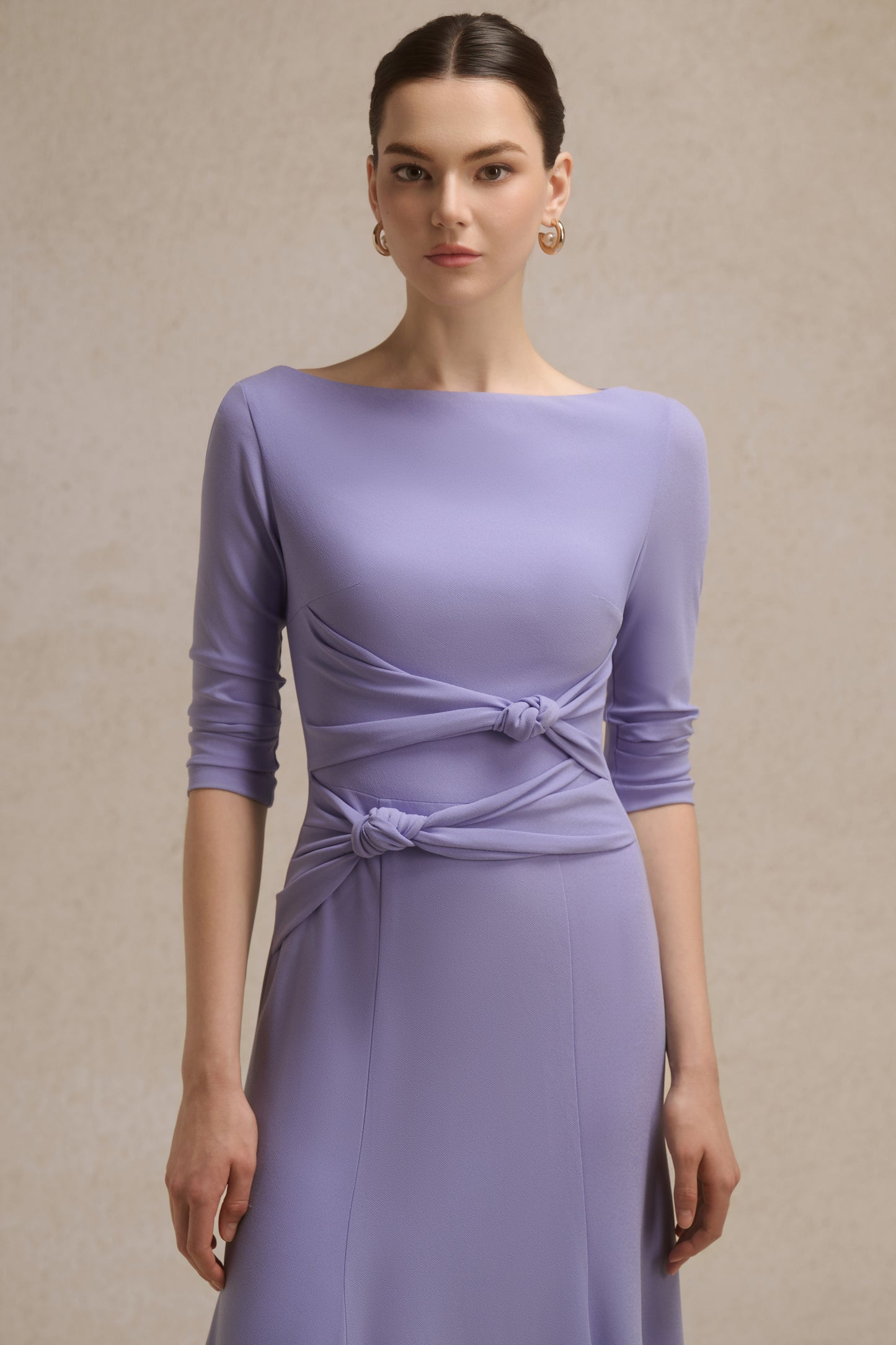 Alba Asymmetric Knot Dress in Lavender