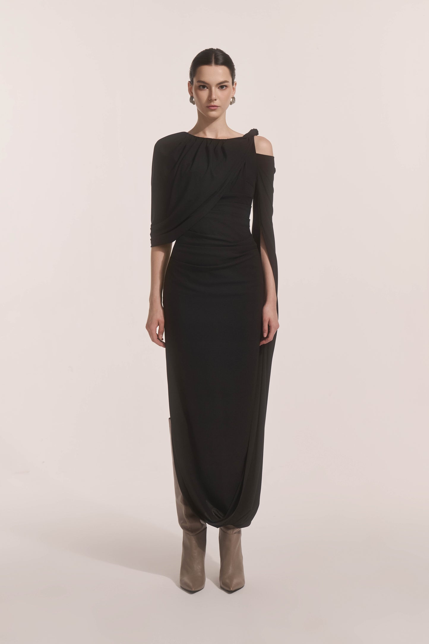 Orion Draped Shoulder Dress in Black