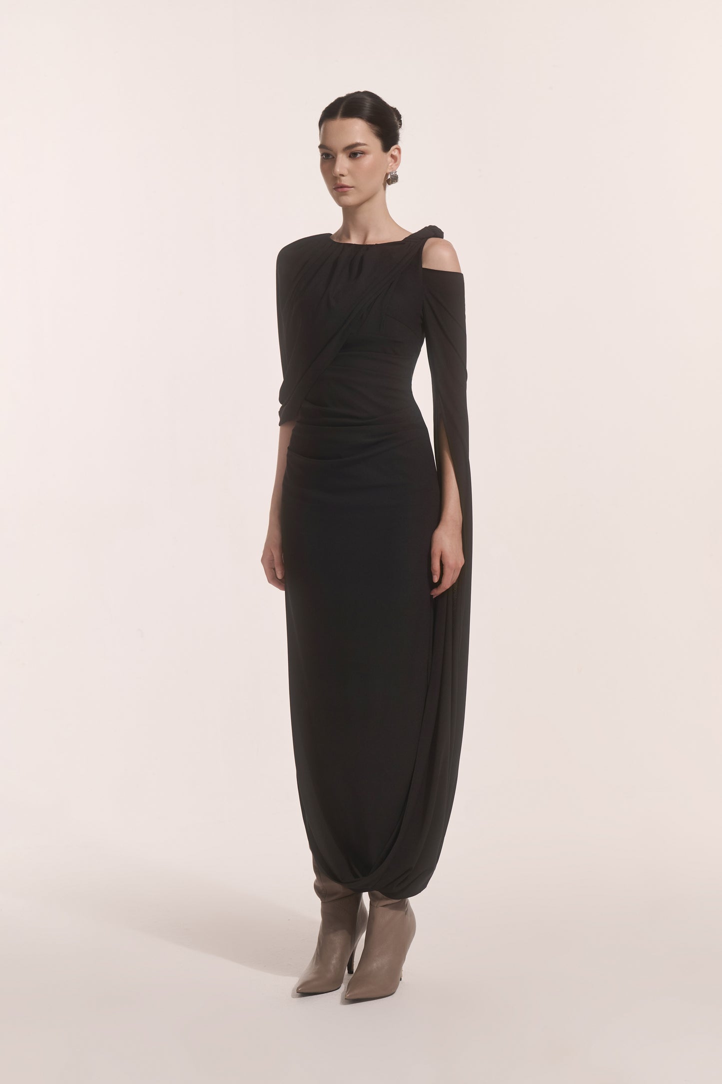 Orion Draped Shoulder Dress in Black