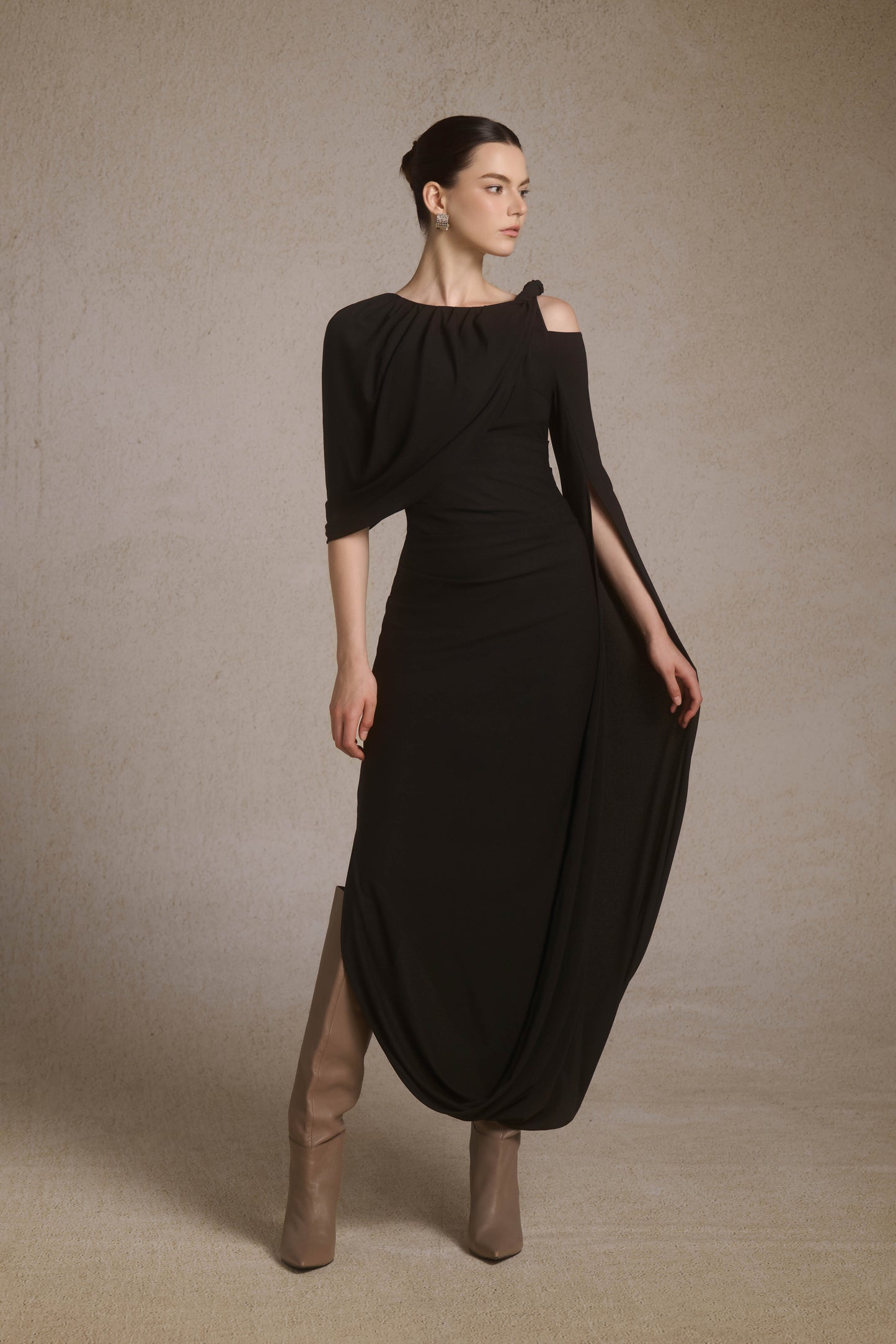 Orion Draped Shoulder Dress in Black