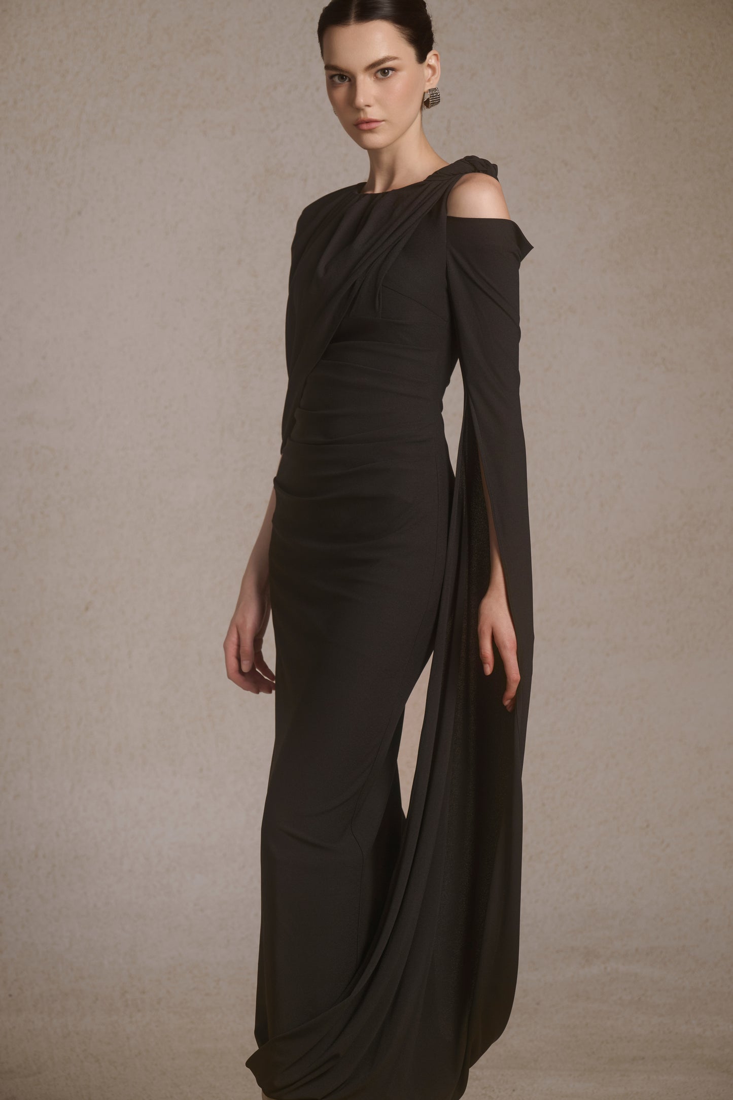 Orion Draped Shoulder Dress in Black