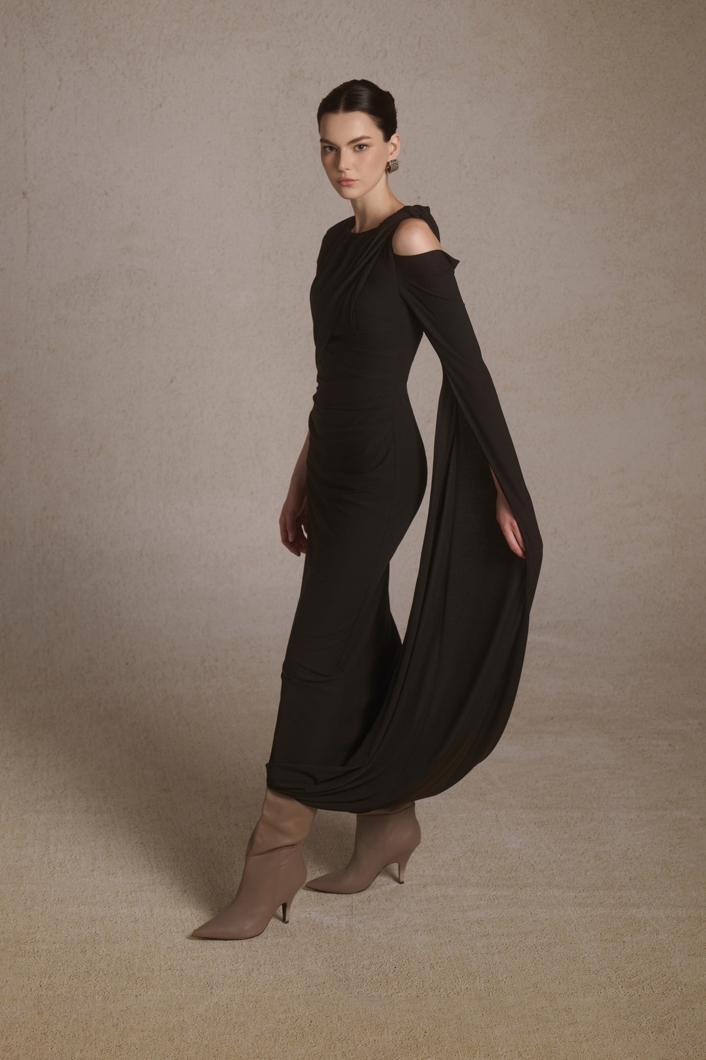 Orion Draped Shoulder Dress in Black
