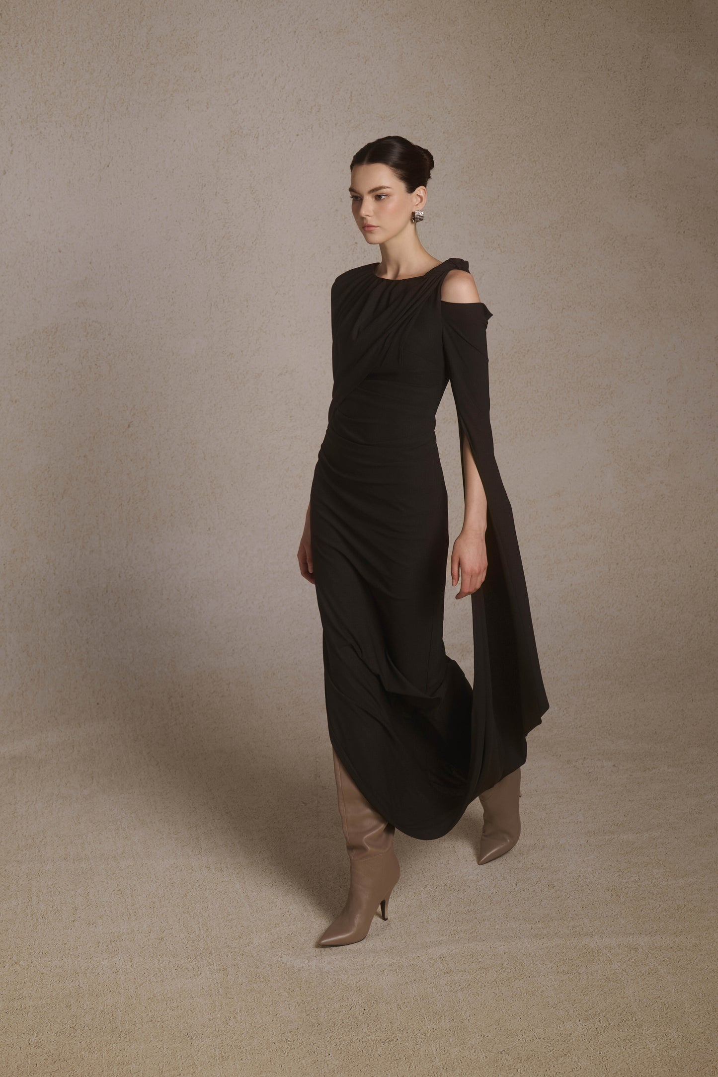 Orion Draped Shoulder Dress in Black