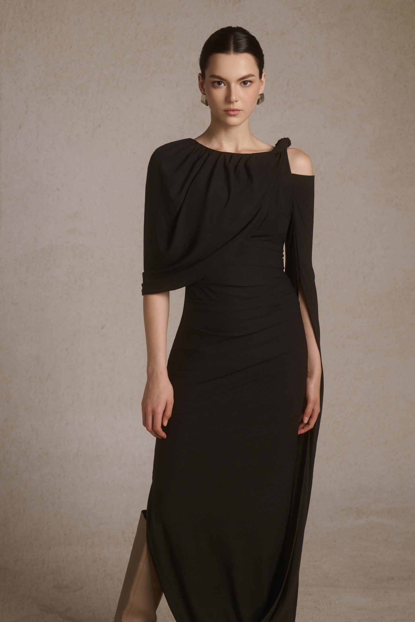 Orion Draped Shoulder Dress in Black