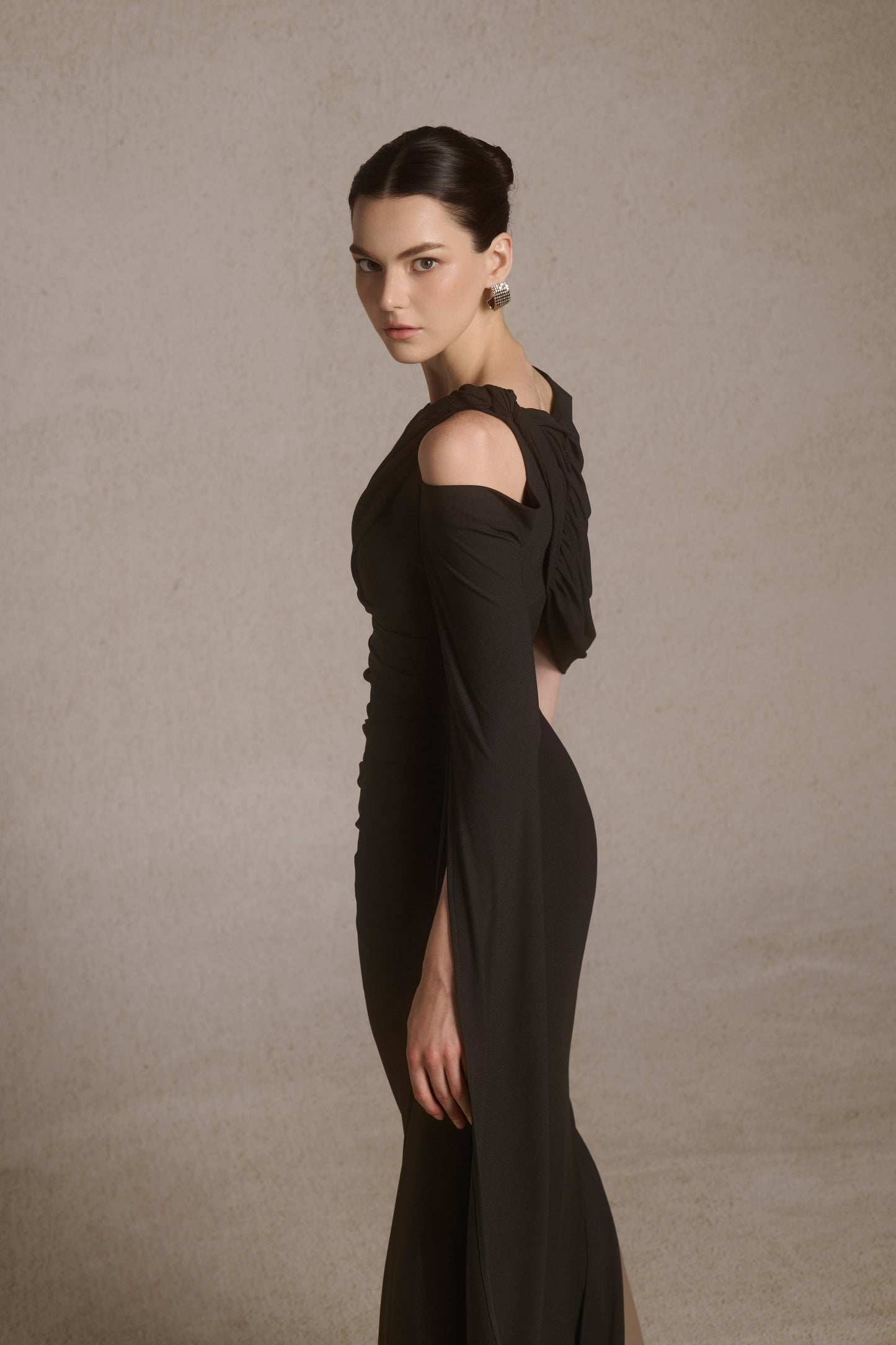 Orion Draped Shoulder Dress in Black