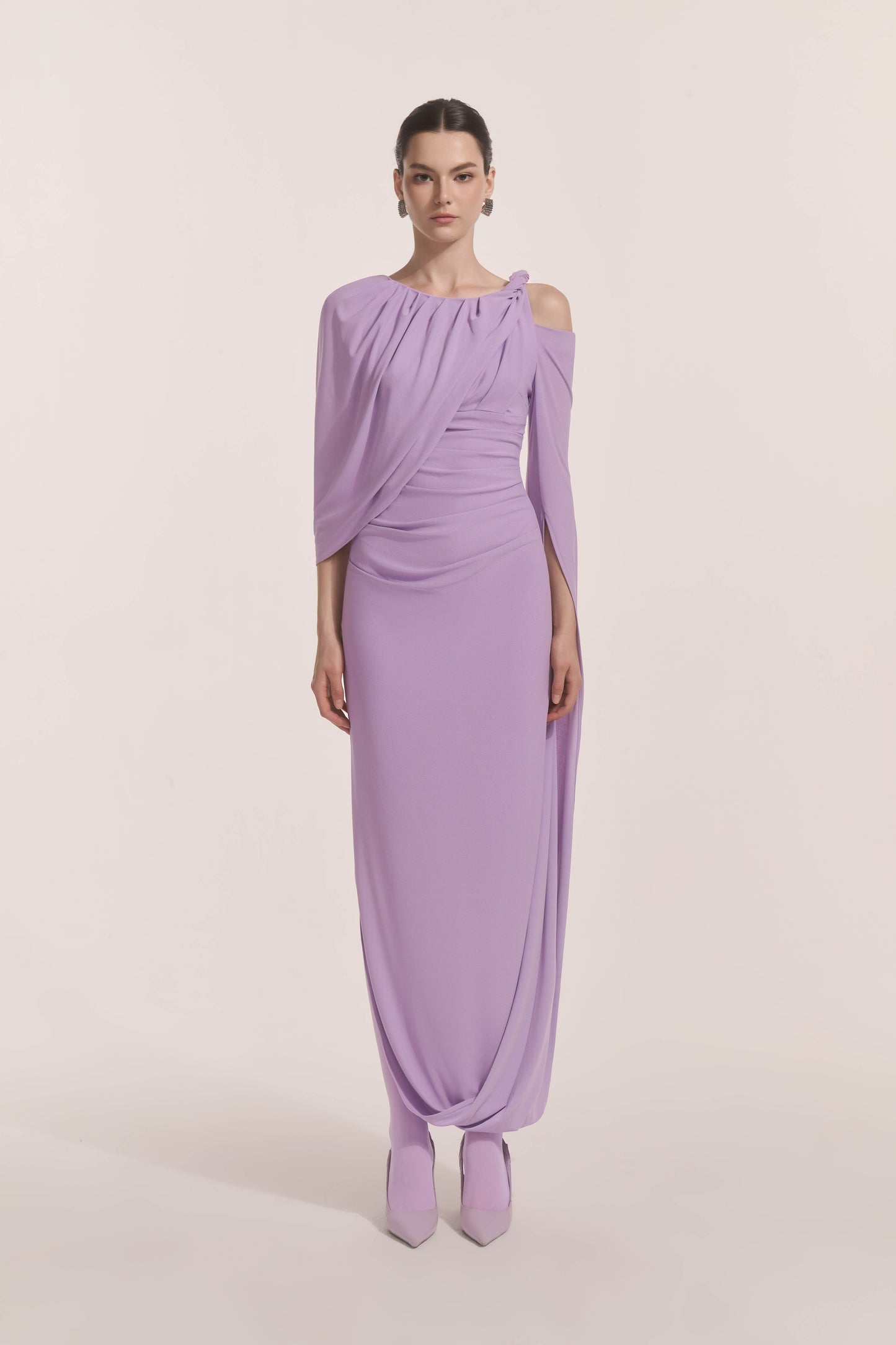 Orion Draped Shoulder Dress in Lilac
