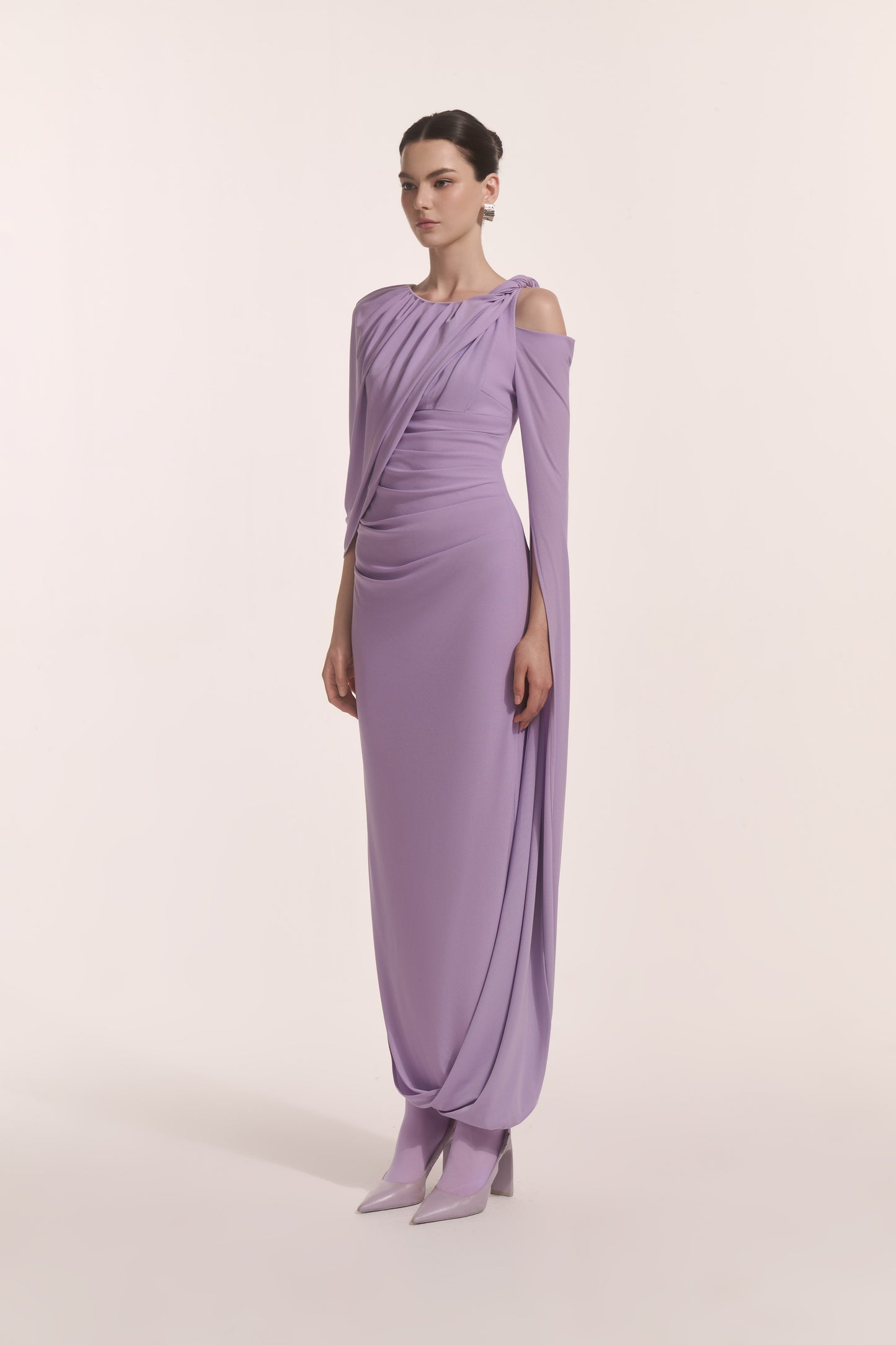 Orion Draped Shoulder Dress in Lilac