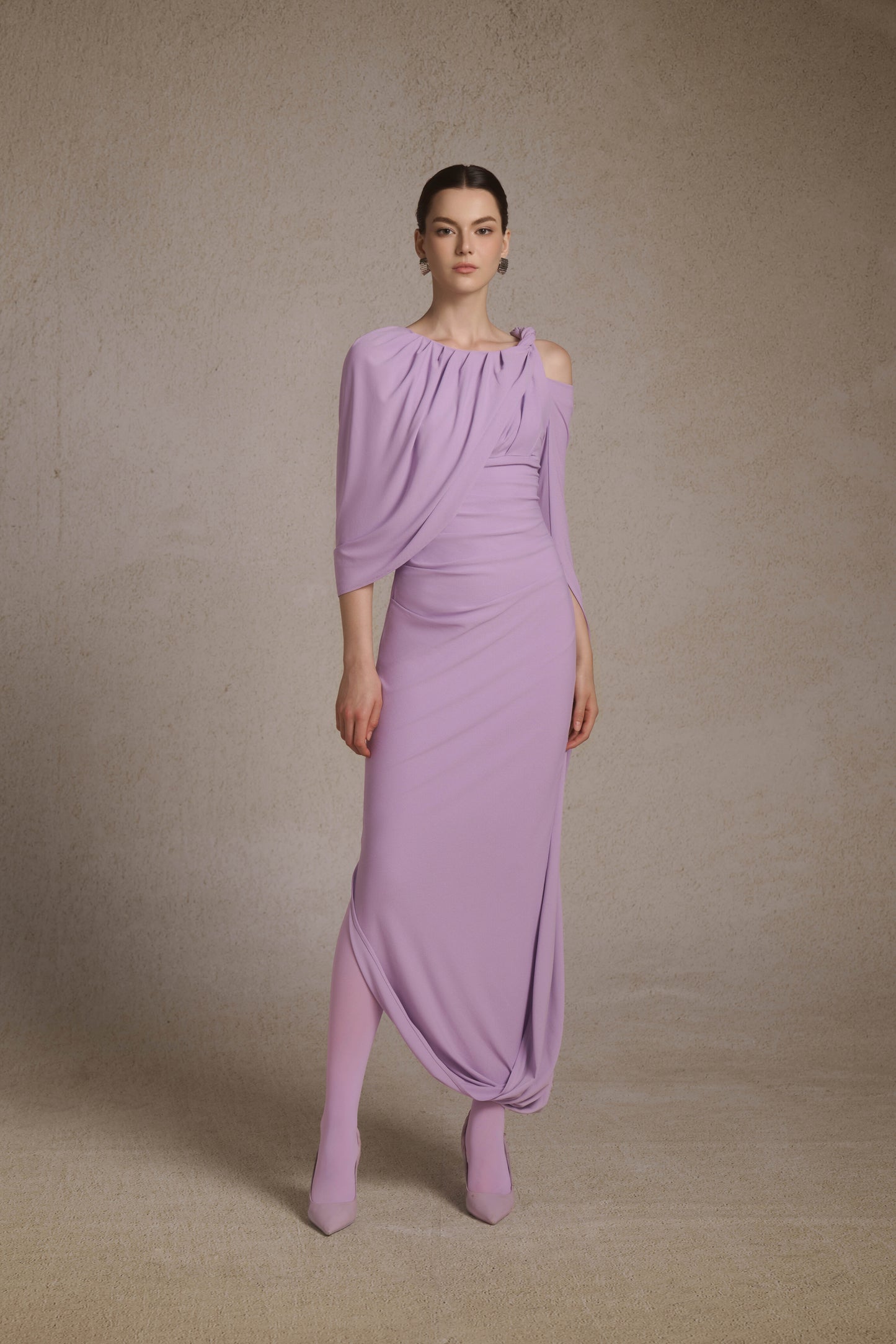 Orion Draped Shoulder Dress in Lilac