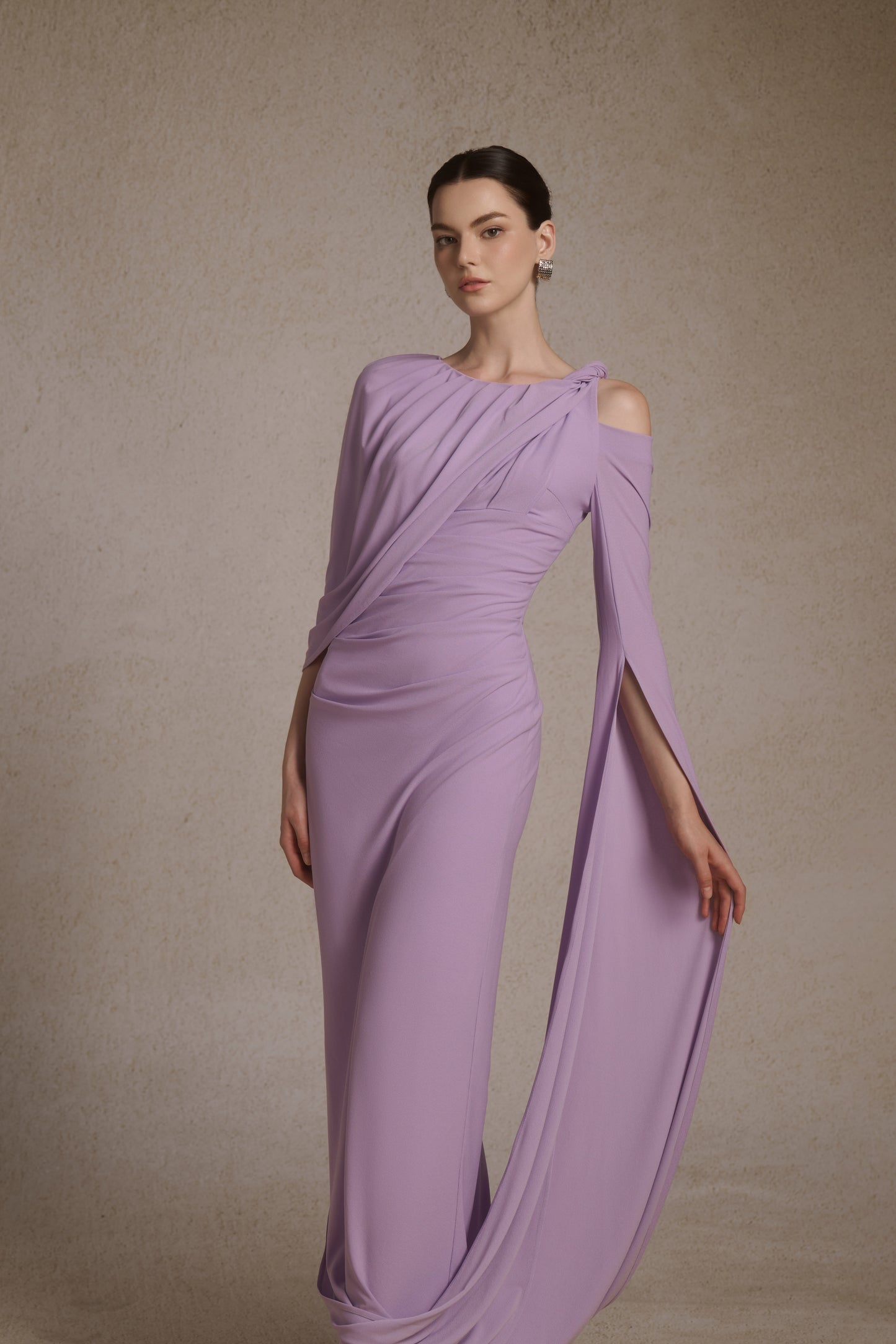 Orion Draped Shoulder Dress in Lilac