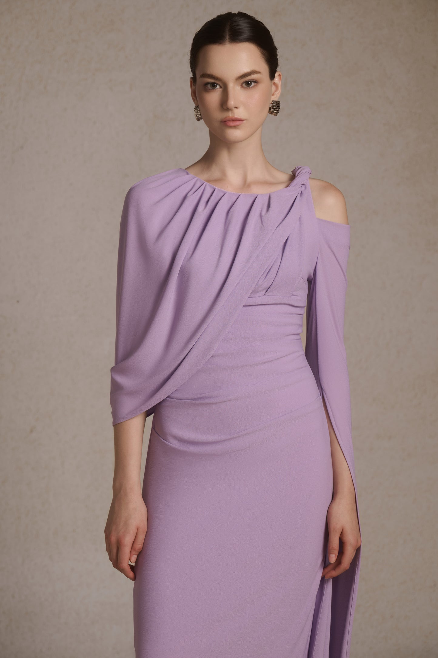 Orion Draped Shoulder Dress in Lilac