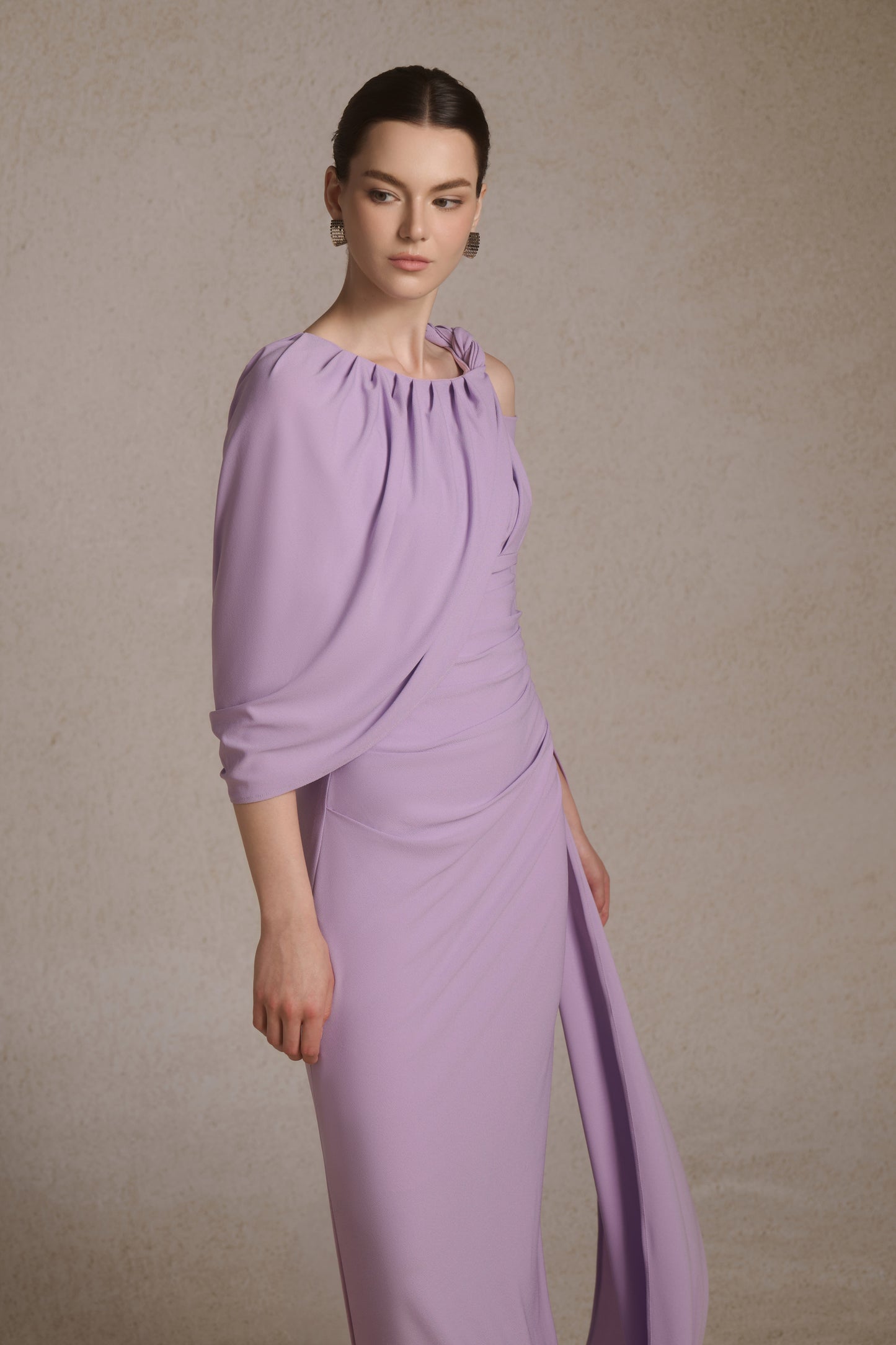 Orion Draped Shoulder Dress in Lilac