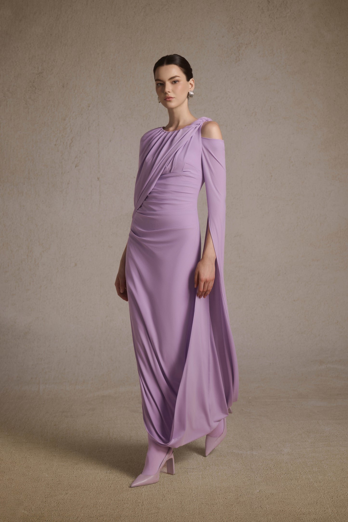 Orion Draped Shoulder Dress in Lilac